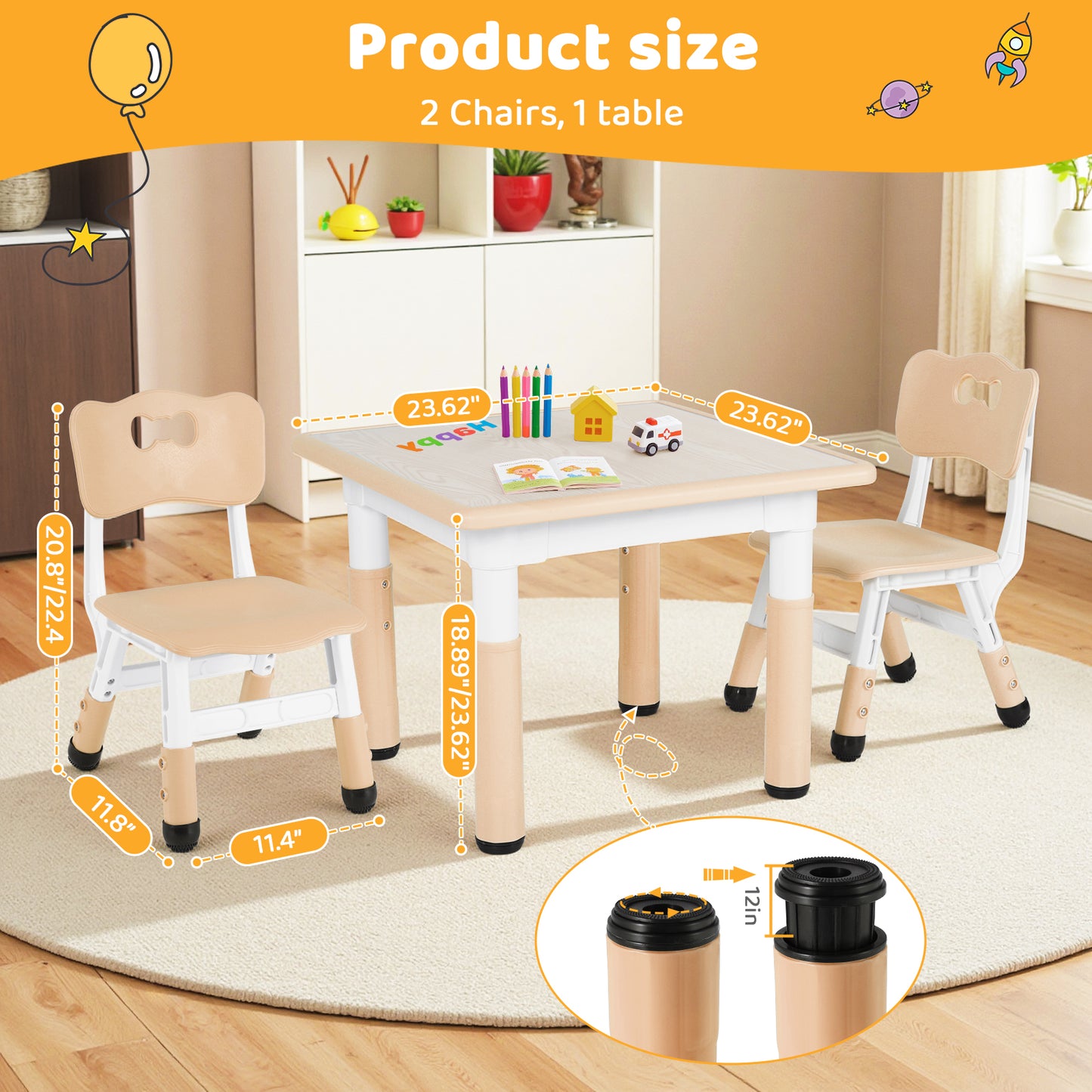 Pirecart Kids Table and 2 Chairs Set Activity Table Height Adjustable Toddler Art Desk for Reading Drawing Eating, Suitable for Ages 3-9