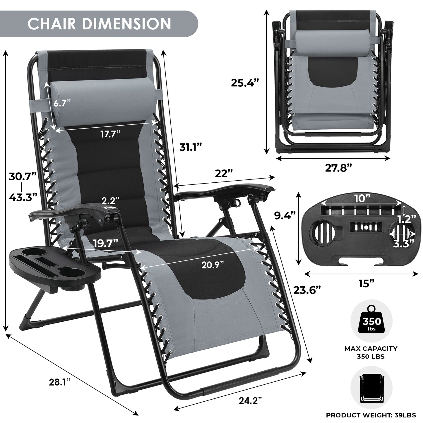 pirecart 2PCS Outdoor Oversized Padded Zero Gravity Chair