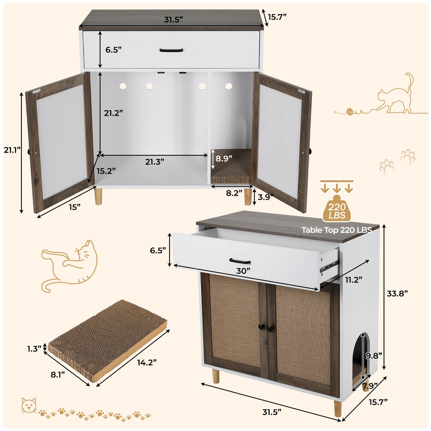 pirecart Hidden Cat Litter Box Enclosure Furniture Wood Cat House with Sisal Doors