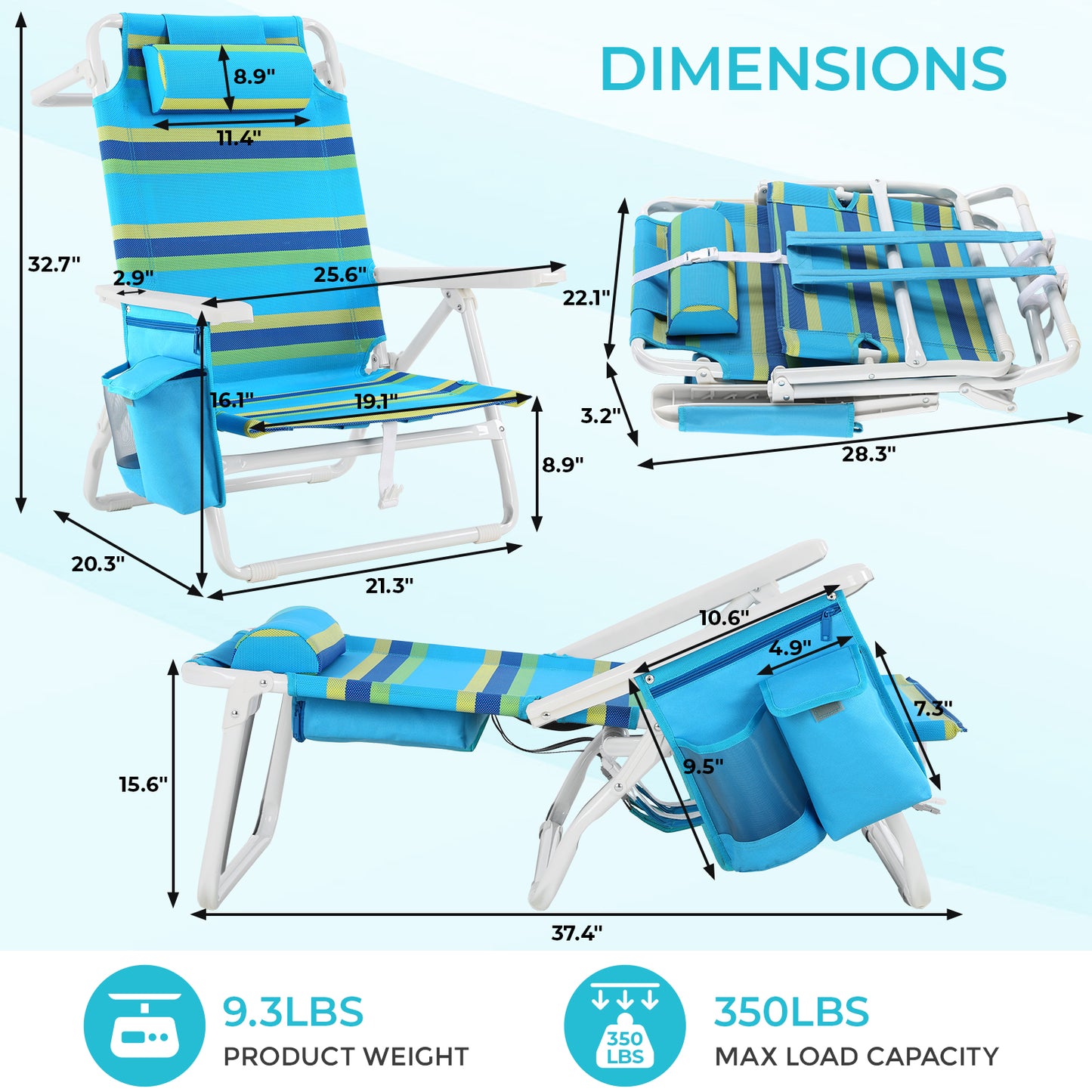 Foldable Beach Chair, 5-Position Lay Flat Reclining Beach Chair W/ Headrest, Storage Bag, Cooler Pouch,Towel Bar, Foot Mat