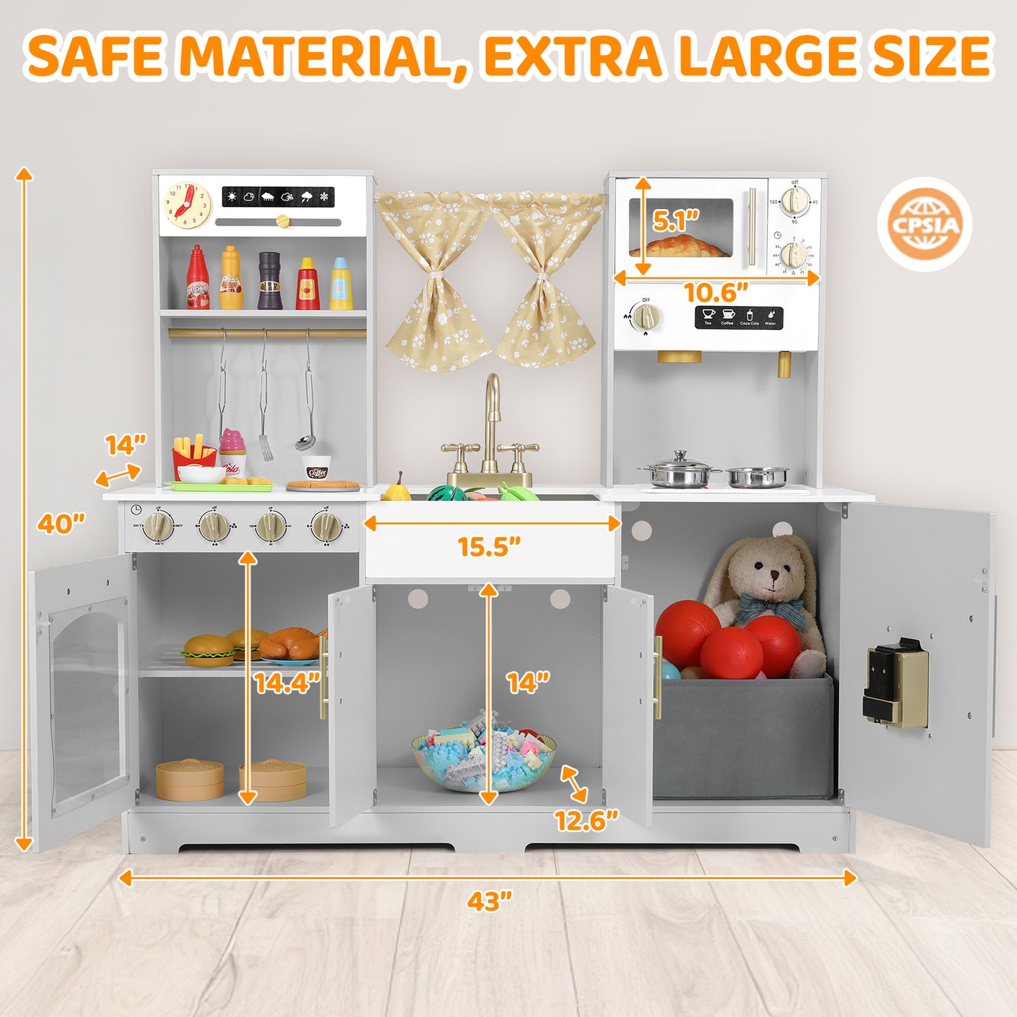 pirecart Kids Play Kitchen, Wooden Pretend Toy Kitchen, Toodler Cooking Playset w/Stove, Sink, Microwave, Water Dispenser, Curtain