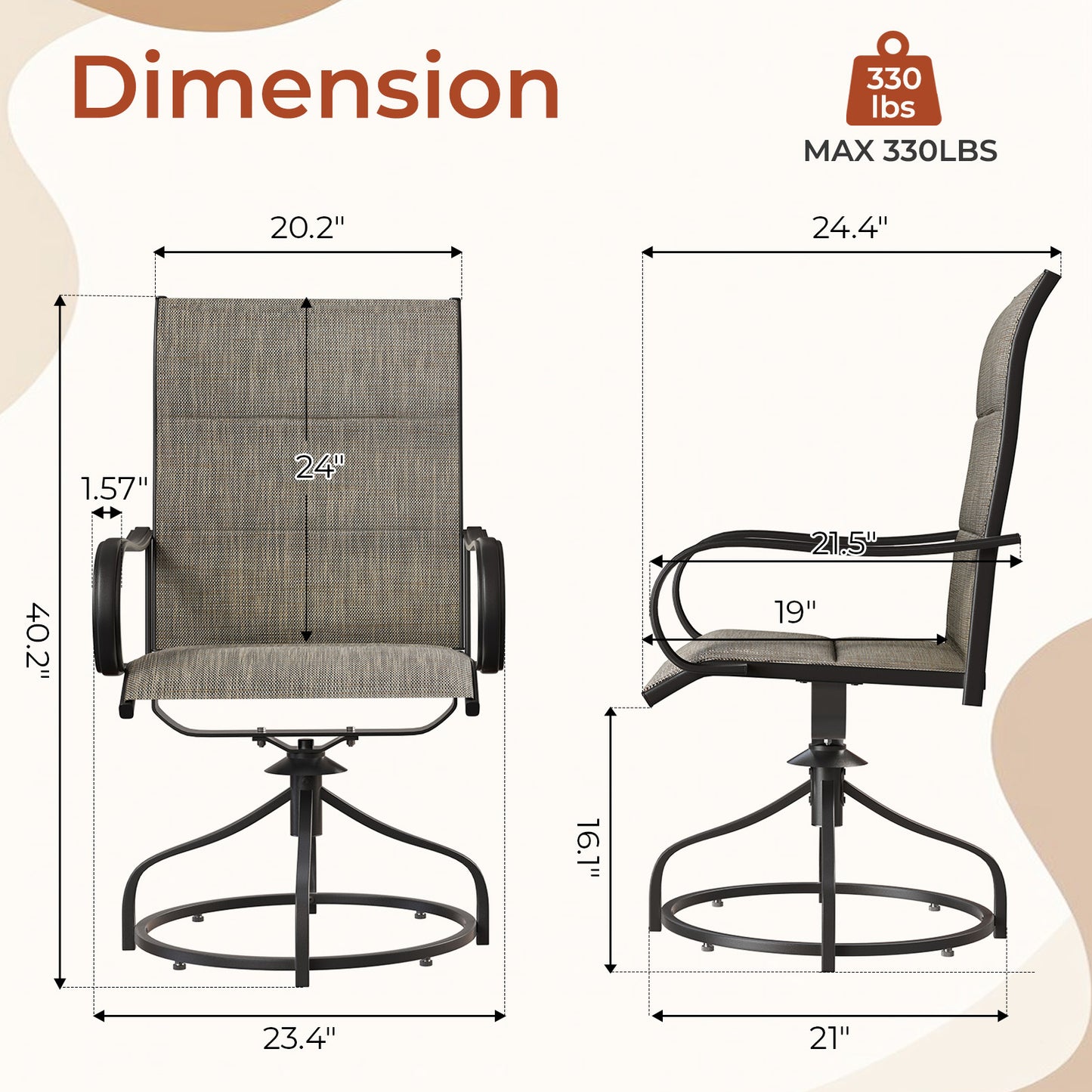 Pirecart Padded Patio Swivel Chairs Set of 2, Outdoor 360° Dining Chairs W/ Metal Rocking Frame & Armrest, High Back Textilene Patio Dining Chairs