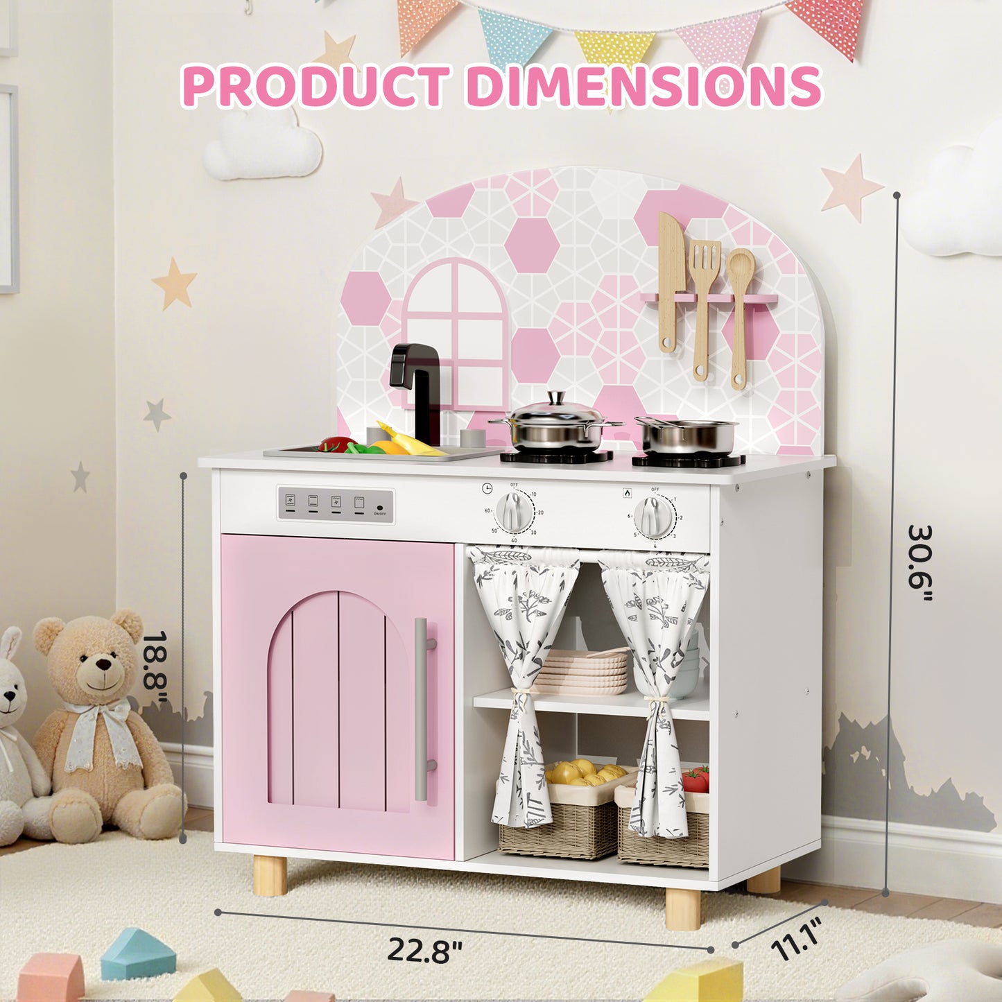 Pirecart Kids Play Kitchen, Toddler Wooden Kitchen Playset with Cooking Accessories and Clicking Knobs, Educational Chef Pretend Play Set for Ages 3+