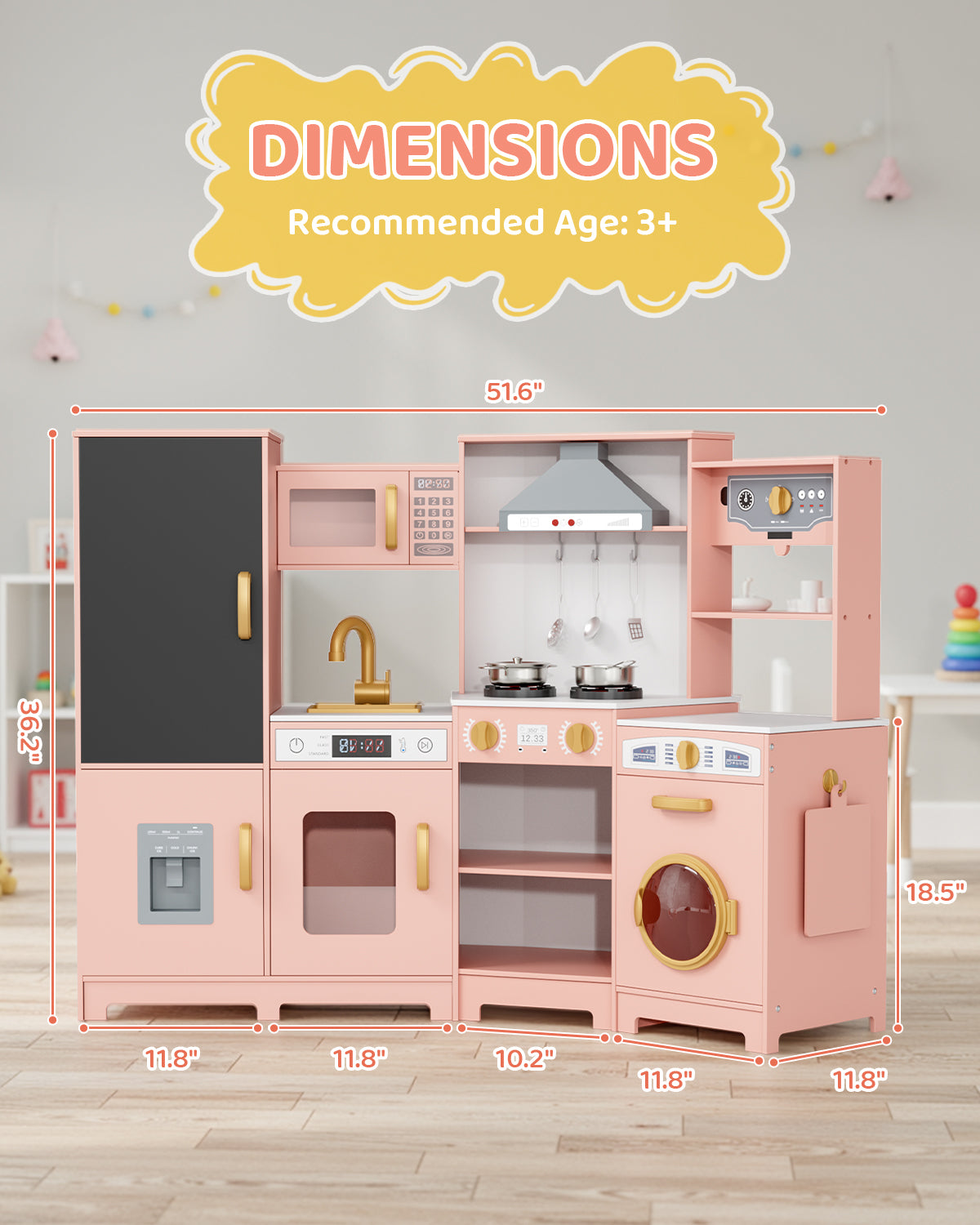 Pirecart Wooden Corner Play Kitchen, Kids Play Kitchen with Blackboard and 6Pcs Cooking Accessories, Toddler Play Kitchen Set with Realistic Sound & Light