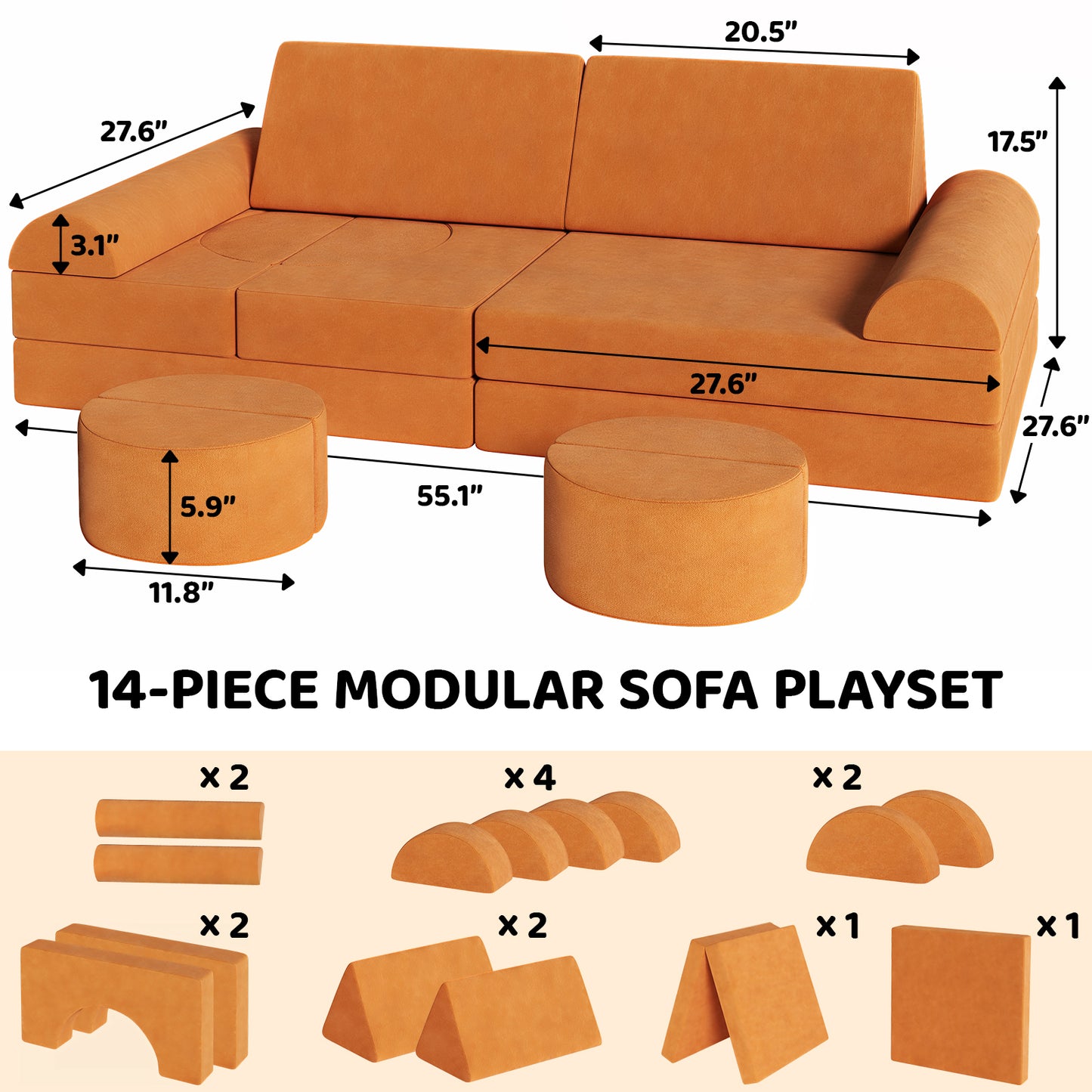 pirecart 14Pcs Modular Kids Play Couch Toddler Sofa Couch Creative Sectional Couch Play Set