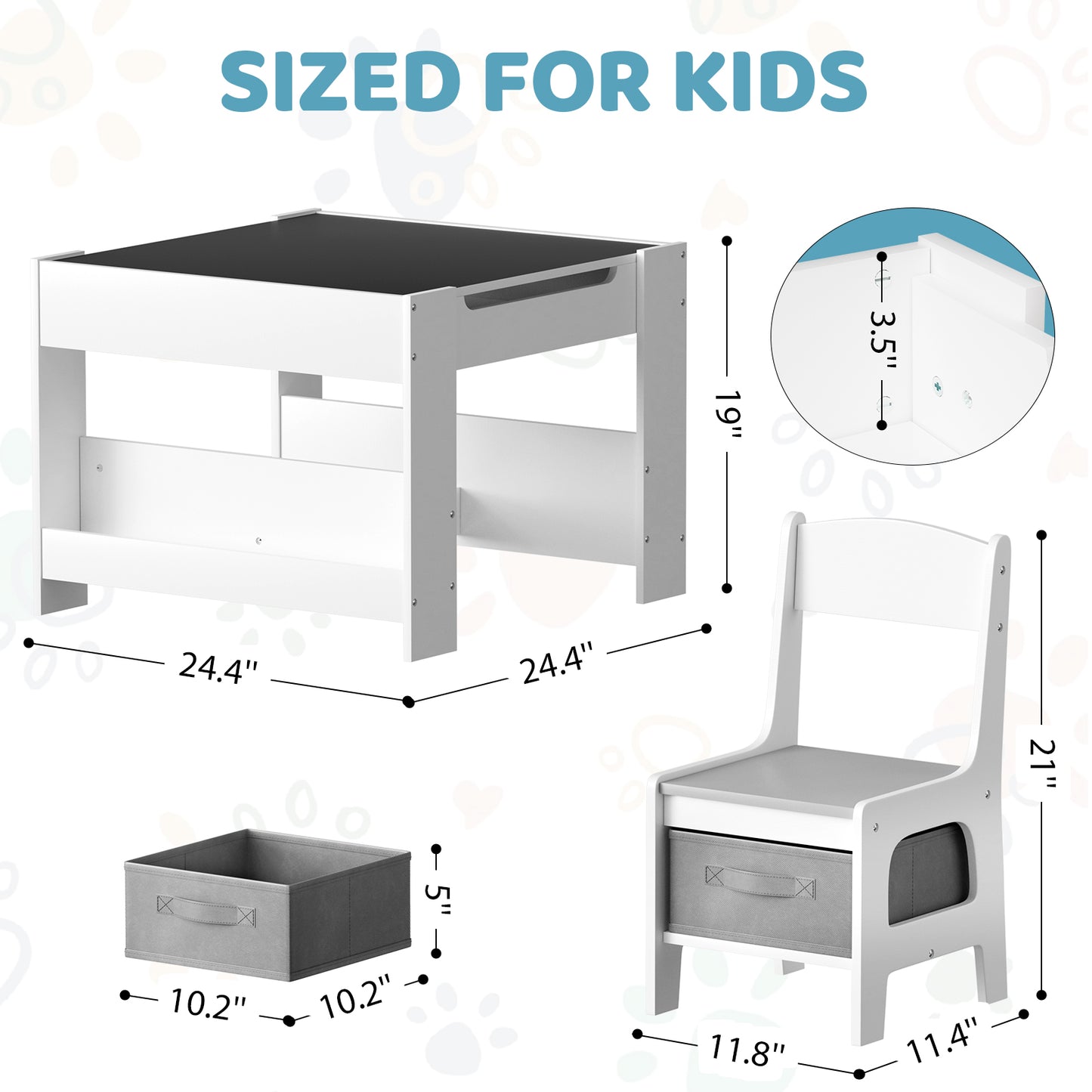 Pirecart Kids Table and Chair Set, 4 in 1 Wooden Art Table with Reversible Tabletop, Blackboard, Storage Drawer, Kids Activity Table Set for Drawing, Playing, Learning