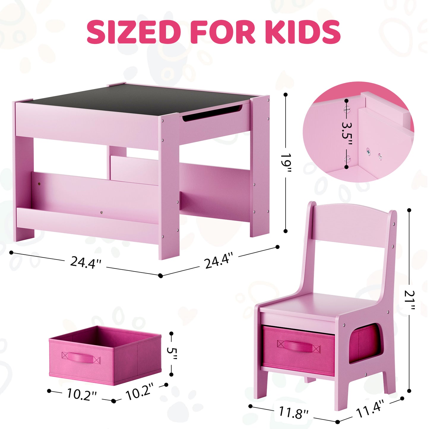 Pirecart Kids Table and Chair Set, 4 in 1 Wooden Art Table with Reversible Tabletop, Blackboard, Storage Drawer, Kids Activity Table Set for Drawing, Playing, Learning