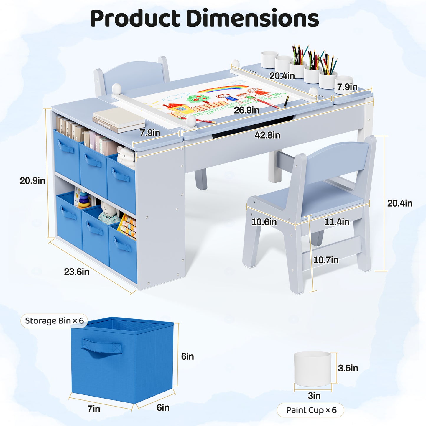 Pirecart 3 in 1 Kids Art Table and Chair Set, Chilldren Art Easel and Wooden Activity Table with 2 Chairs, Storage Bins, Paper Roll, Paint Cups for Draw, Play, Crafts, Read