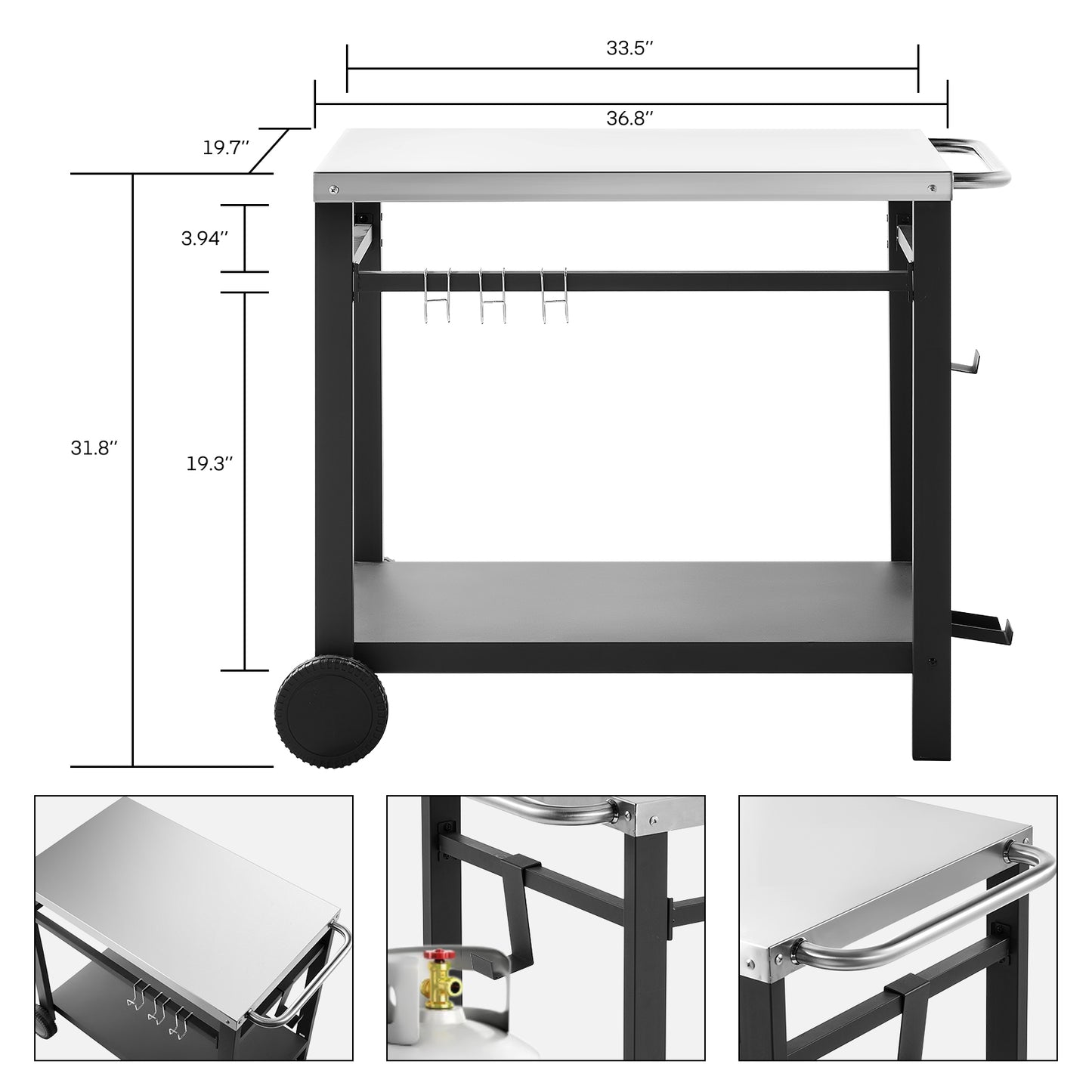 pirecart Double-Shelf Dining Cart Commercial Kitchen Food Prep Table, Dining Cart Table