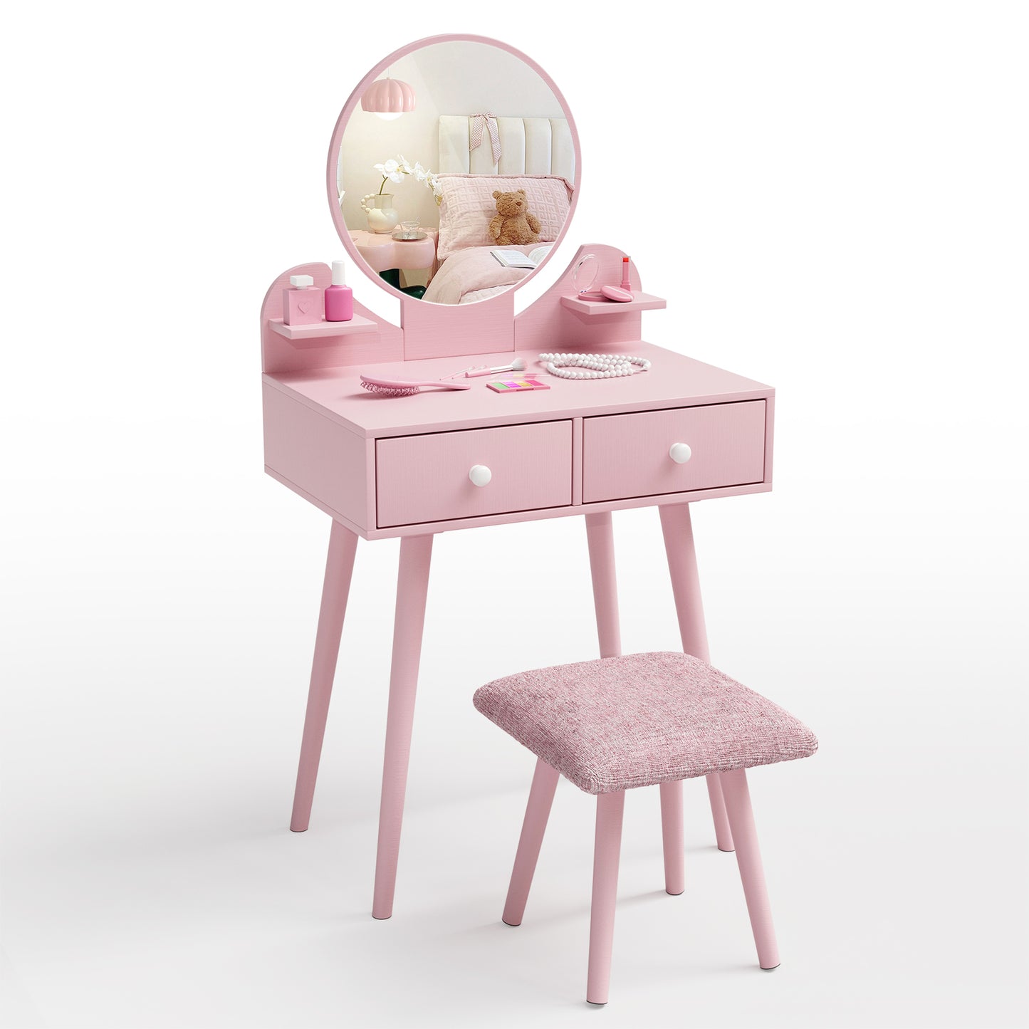 Pirecart Kids Vanity Table and Chair Set, 2 in 1 Wooden Makeup Table and Stool with Storage Drawer & Shelves & Detachable Top, Girls Vanit for Age 3+