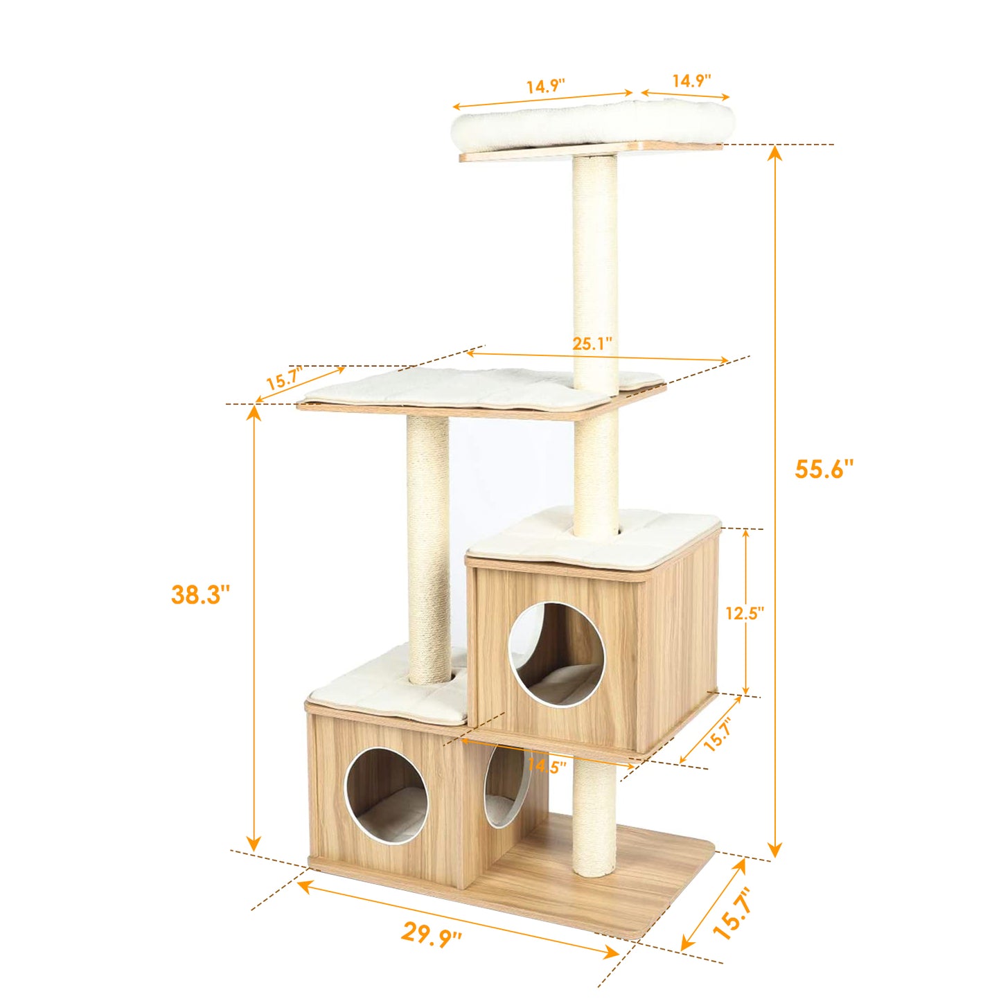 pirecart 54in Wooden Cat Tree Tower, Cat Climbing Stand House with Sisal Scratching Post