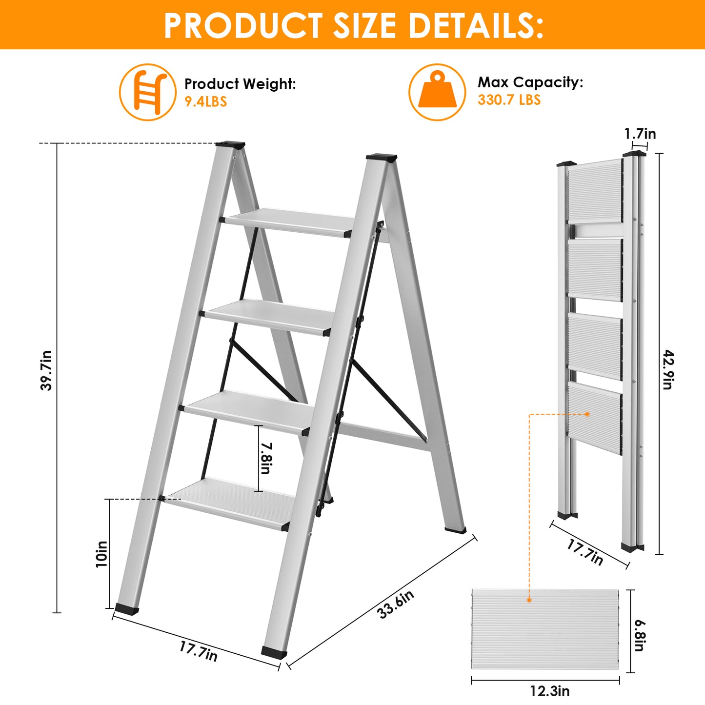 pirecart 3/4 Step Ladder, Aluminum Portable Folding Step Stool with Wide Anti-Slip Pedals