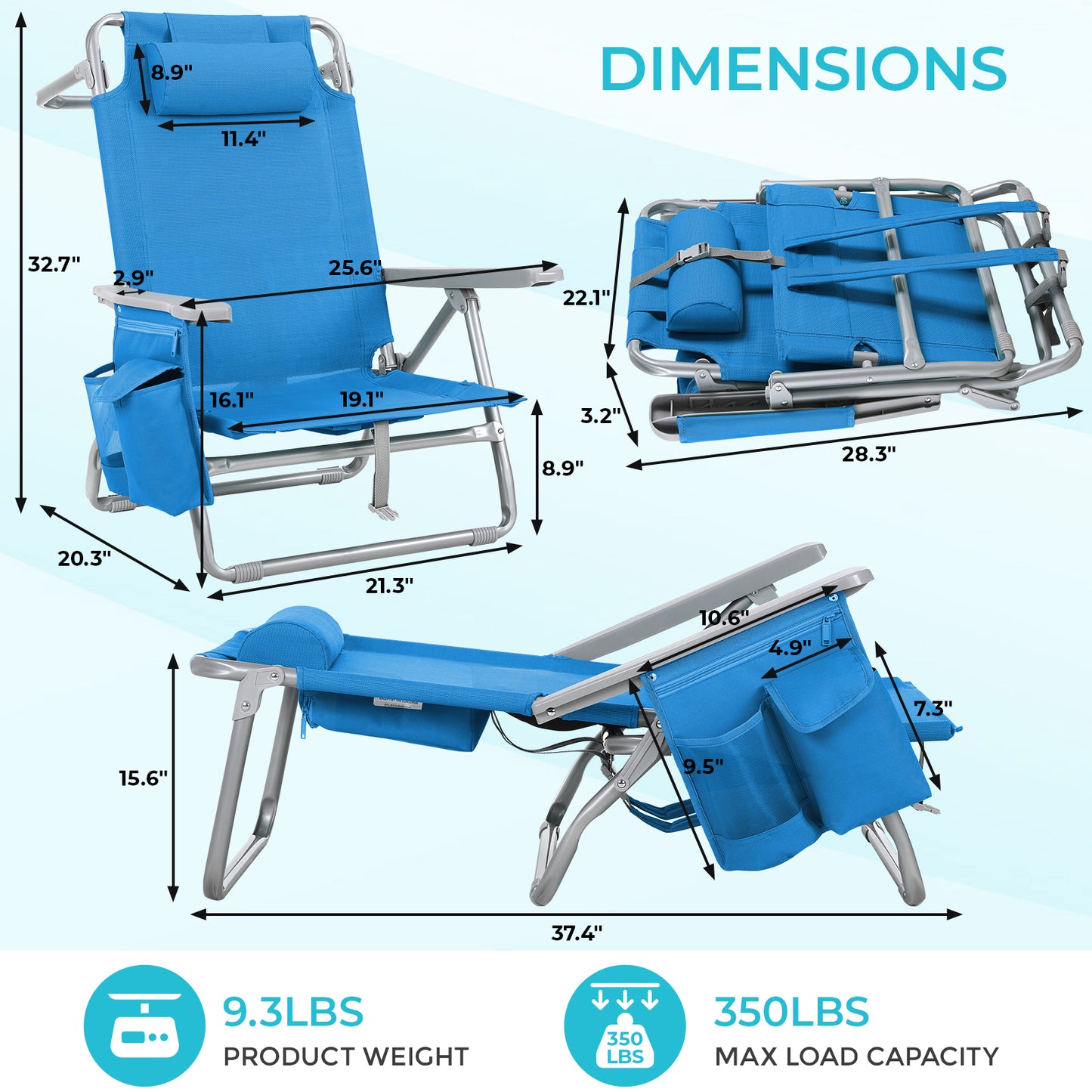 Foldable Beach Chair, 5-Position Lay Flat Reclining Beach Chair W/ Headrest, Storage Bag, Cooler Pouch,Towel Bar, Foot Mat
