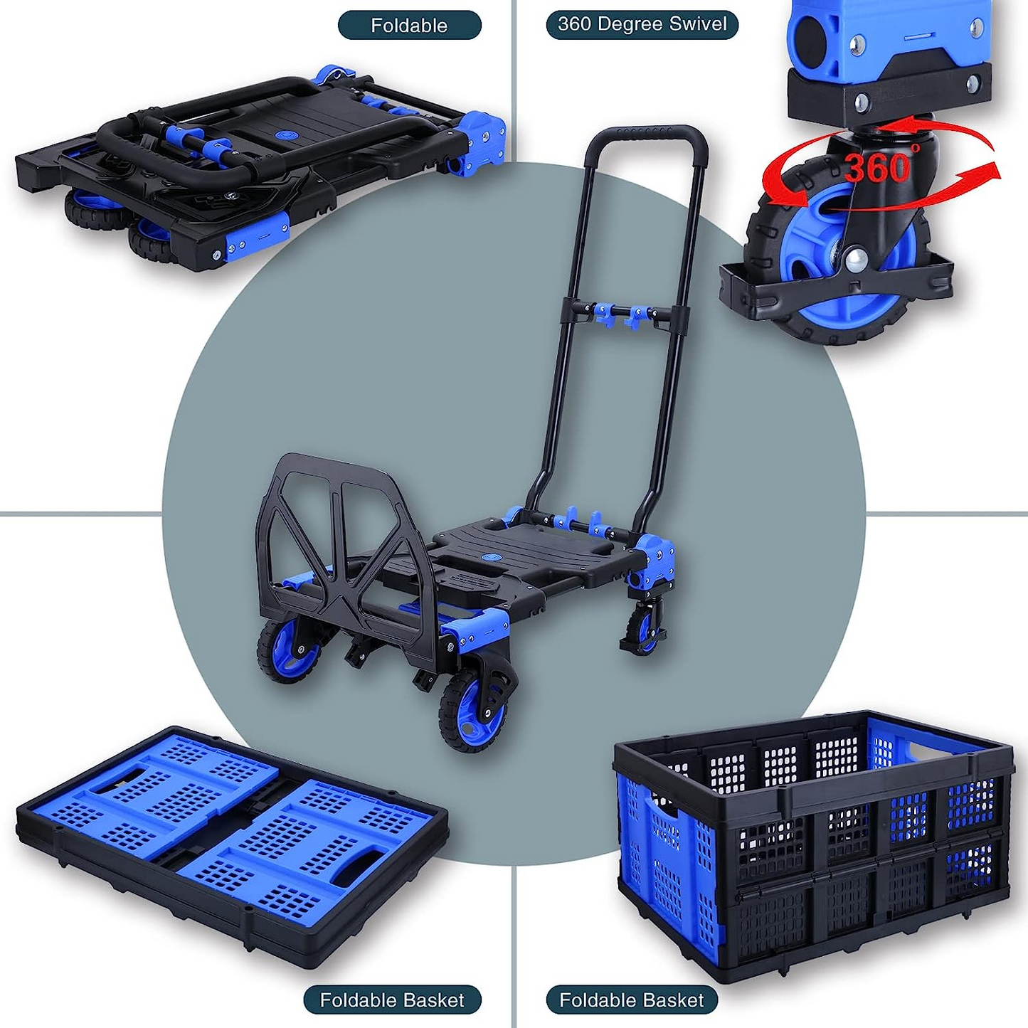 Pirecart Portable Hand Truck, Platform Cart with 4 Wheels& 22" Storage Box, 3-in-1 Folded Dolly Cart Max Load 300Lbs for Travel, Luggage, Shopping, Moving Use