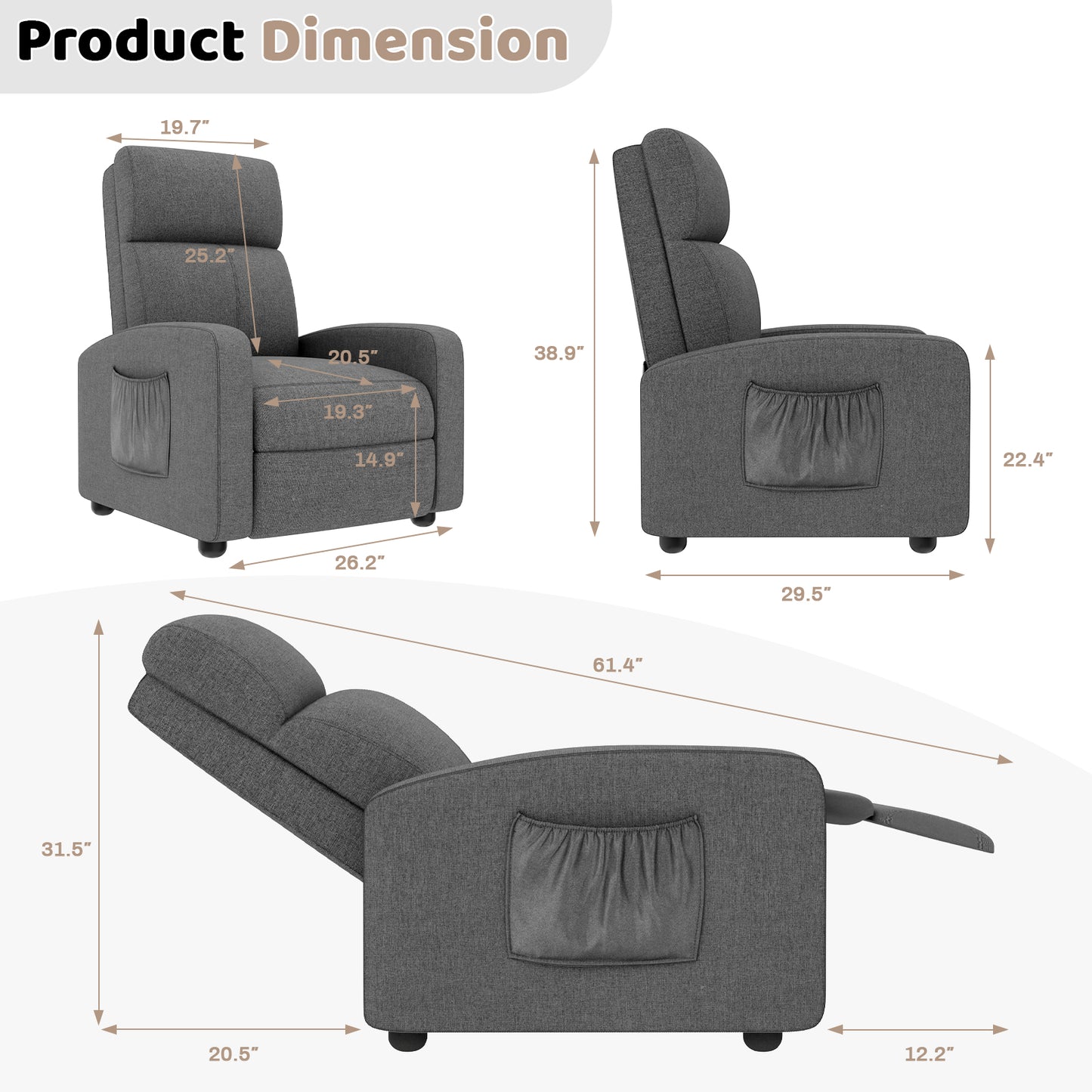 Pirecart Fabric Reclining Chair, Single Sofa Chair with Thicker Seat Cushion and a Side Pocket, Home Theater Seating with Adjustable Backrest and Footrest