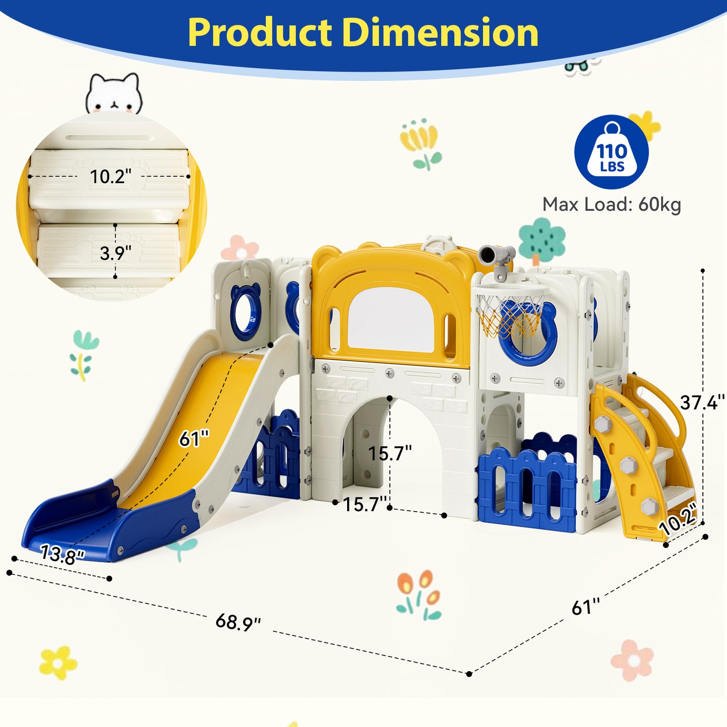 Pirecart 10-in-1 Kids Slide, Indoor Outdoor Toddler Slide Playground with Drawing Board, Basketball Hoop, Tunnel & Storage for Playroom, Kindergarten, Backyard, Gift for Children Age 3+