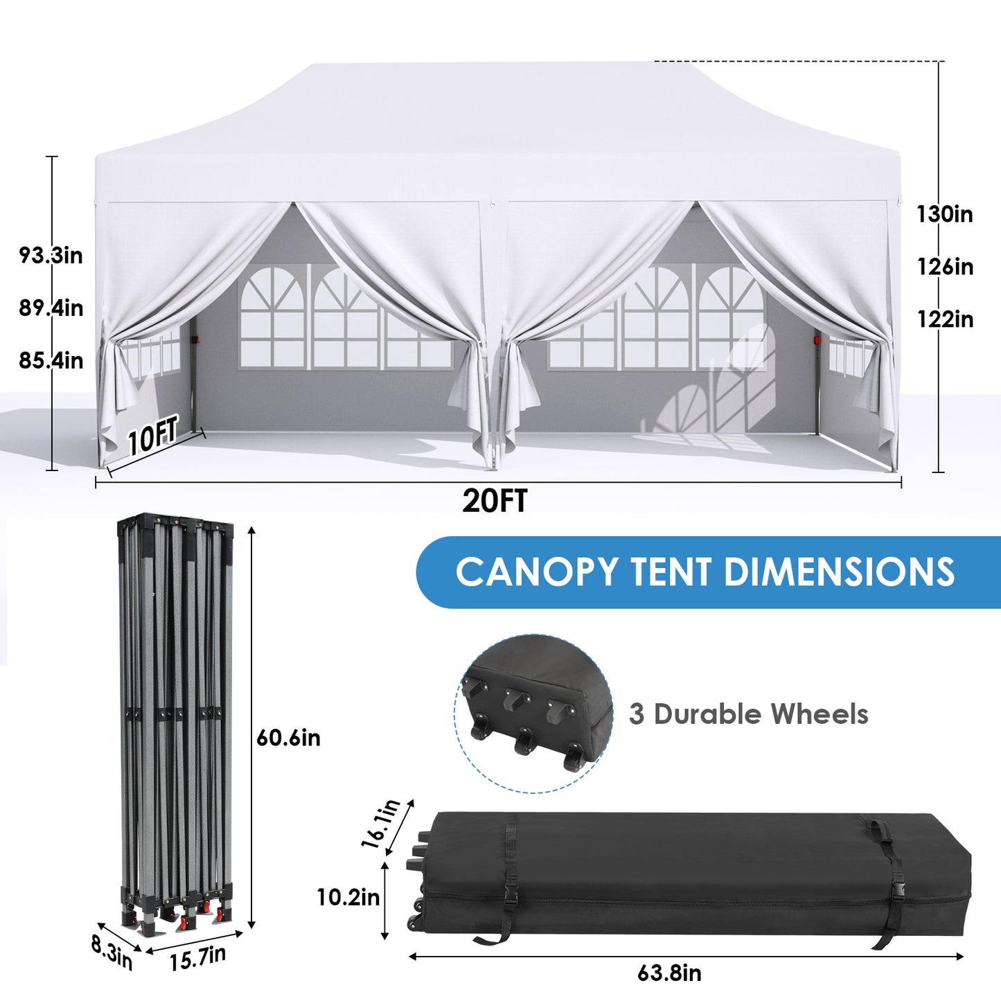 pirecart 10x20ft Pop up Canopy Tent w/6 Sidewalls, Heavy Duty Commercial Instant Gazebo w/Wheeled Bag