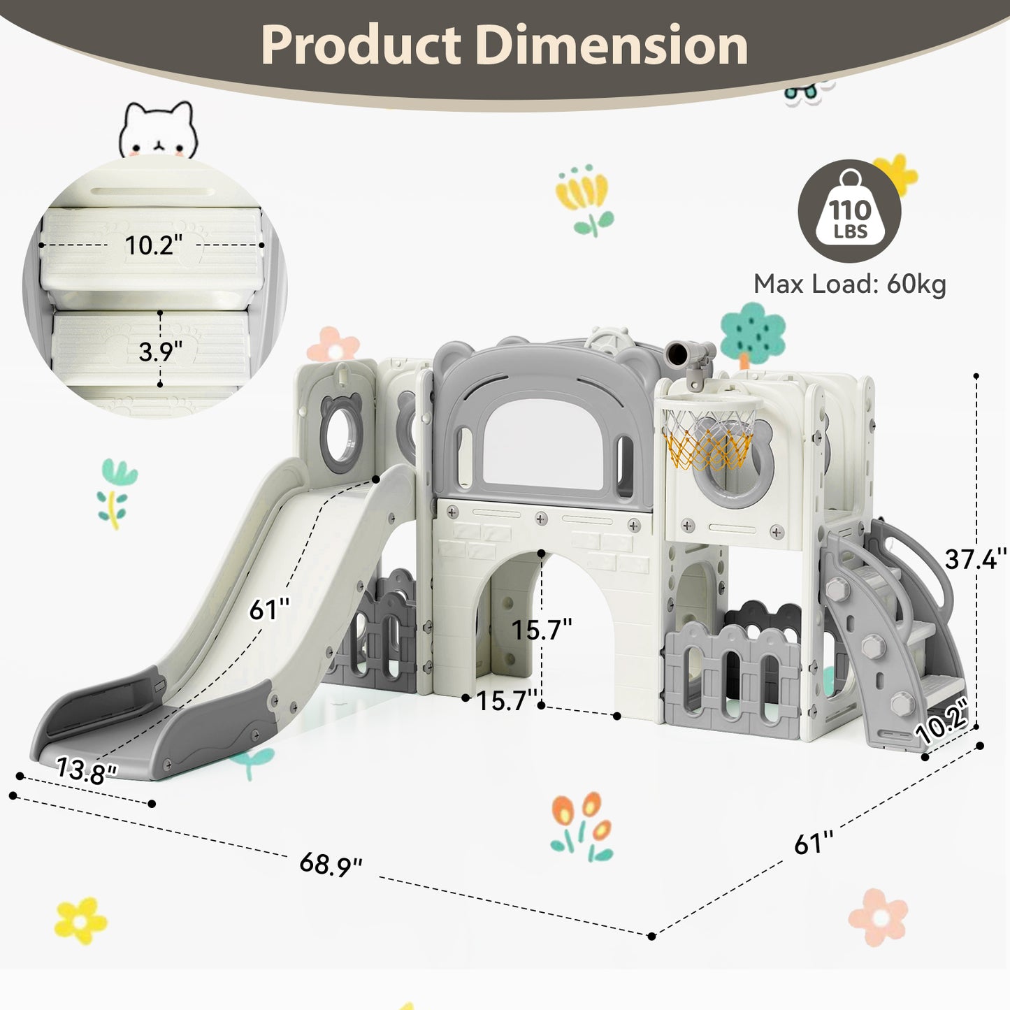 Pirecart 10-in-1 Kids Slide, Indoor Outdoor Toddler Slide Playground with Drawing Board, Basketball Hoop, Tunnel & Storage for Playroom, Kindergarten, Backyard, Gift for Children Age 3+