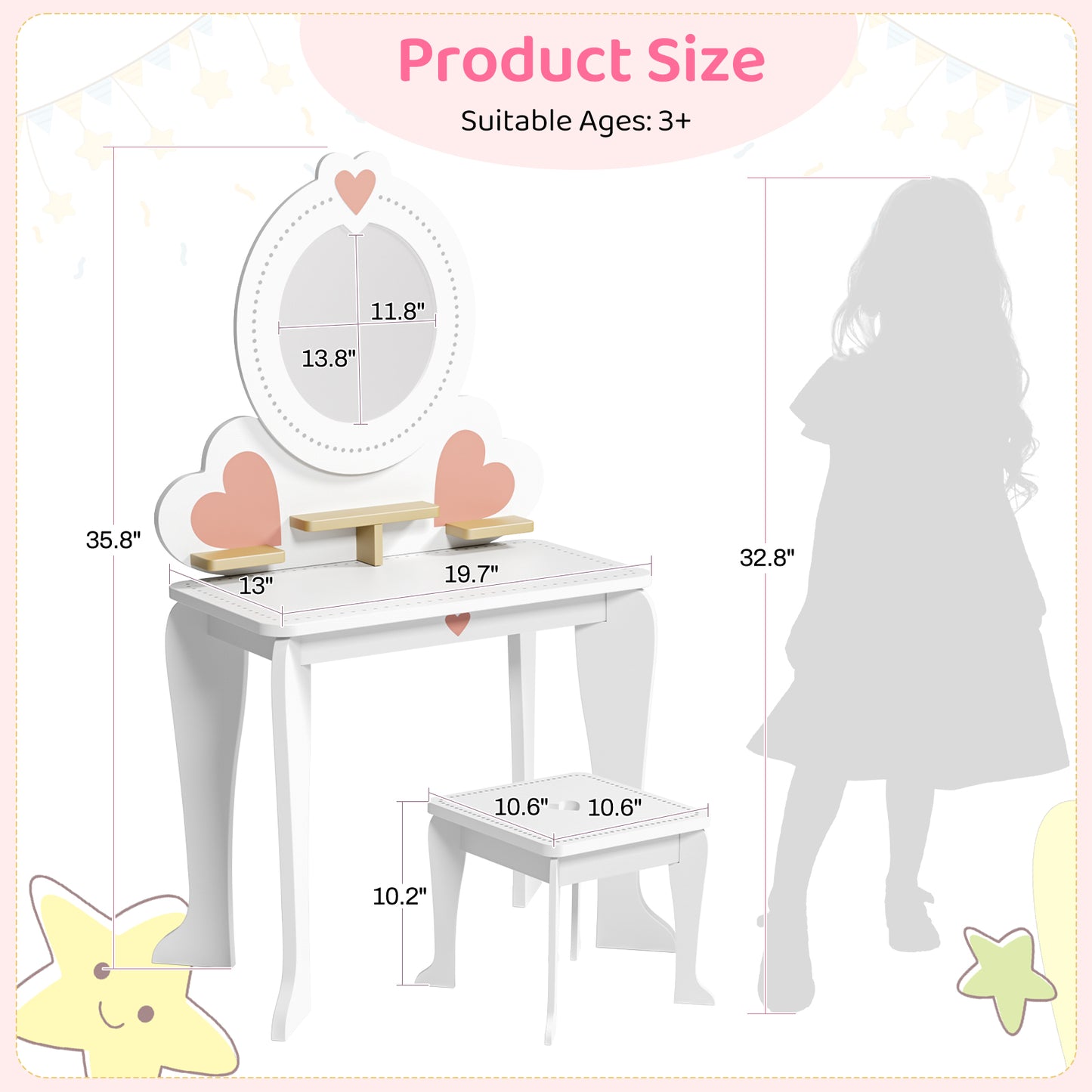 Pirecart Kids Vanity Makeup Table & Chair Set Make Up Stool Play Set for Children, Toddler Makeup Toy with 8 Pcs Accessories for Pretend Play