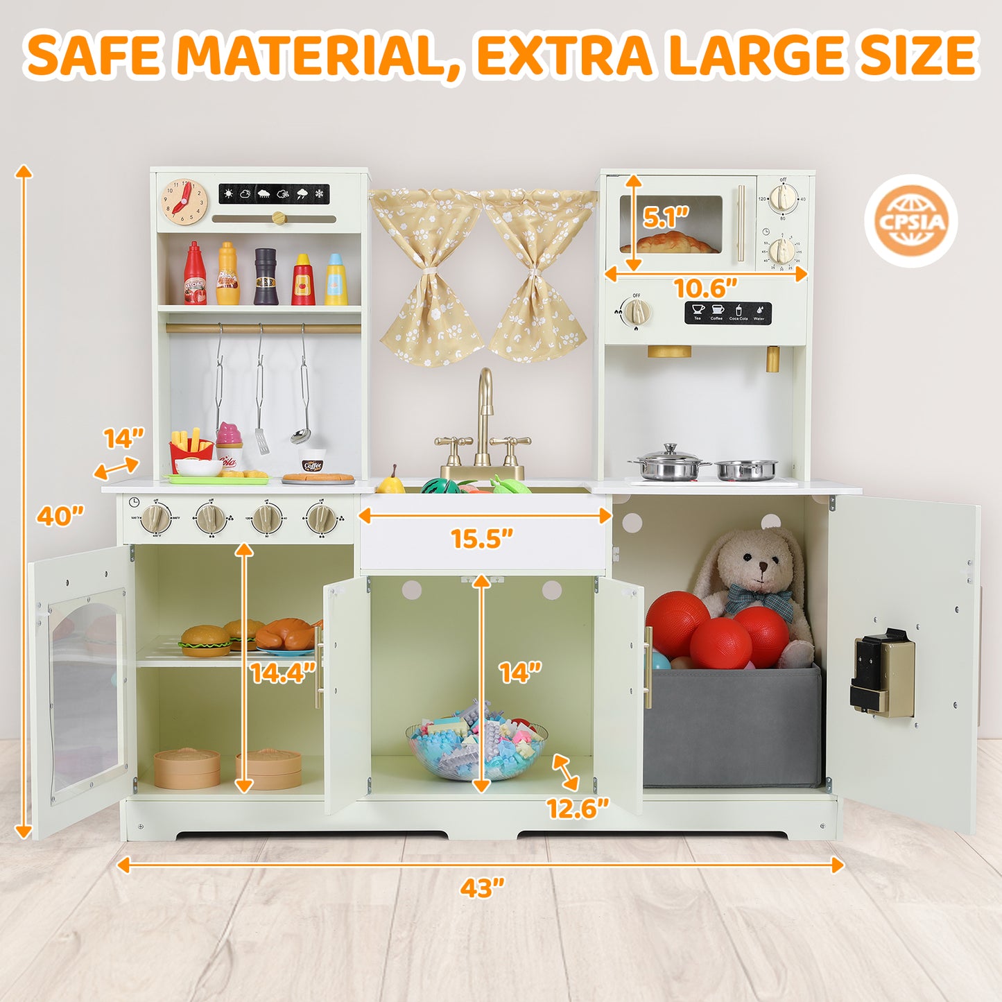 pirecart Kids Play Kitchen, Wooden Pretend Toy Kitchen, Toodler Cooking Playset w/Stove, Sink, Microwave, Water Dispenser, Curtain