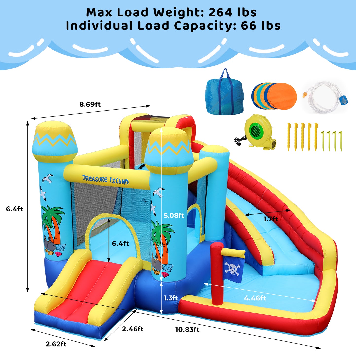 pirecart Inflatable Bounce House Kid Water Splash Pool Slide Jumping Castle with Blower