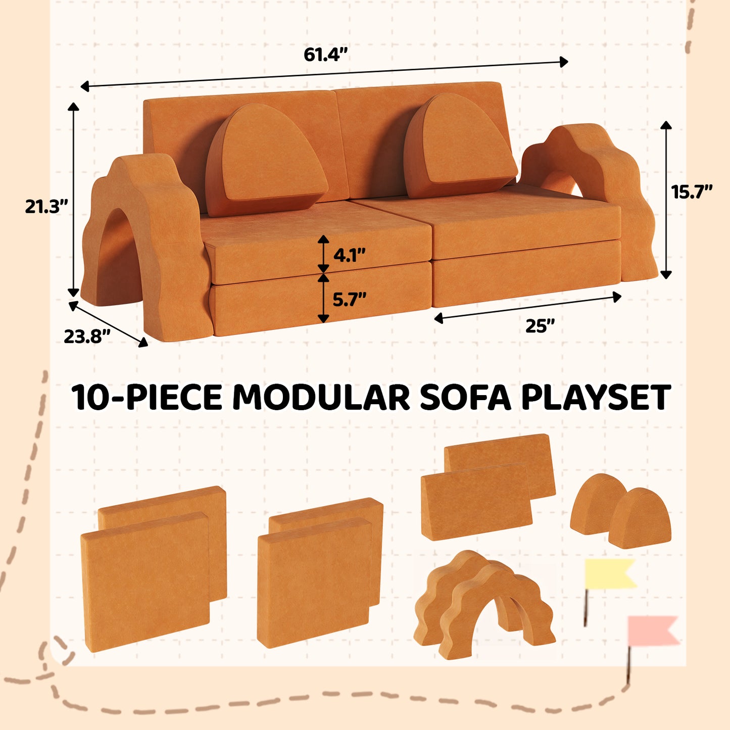 Pirecart Modular Kids Play Couch 10Pcs Toddler Sofa Couch Creative Sectional Couch Play Set