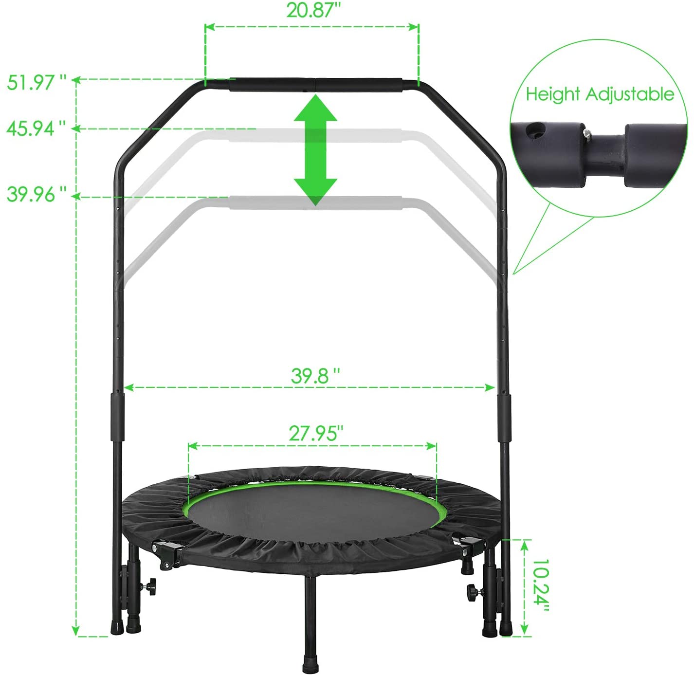 pirecart 40" Foldable Mini Trampoline Max Load 330lbs Fitness Rebounder with Adjustable Foam Handle