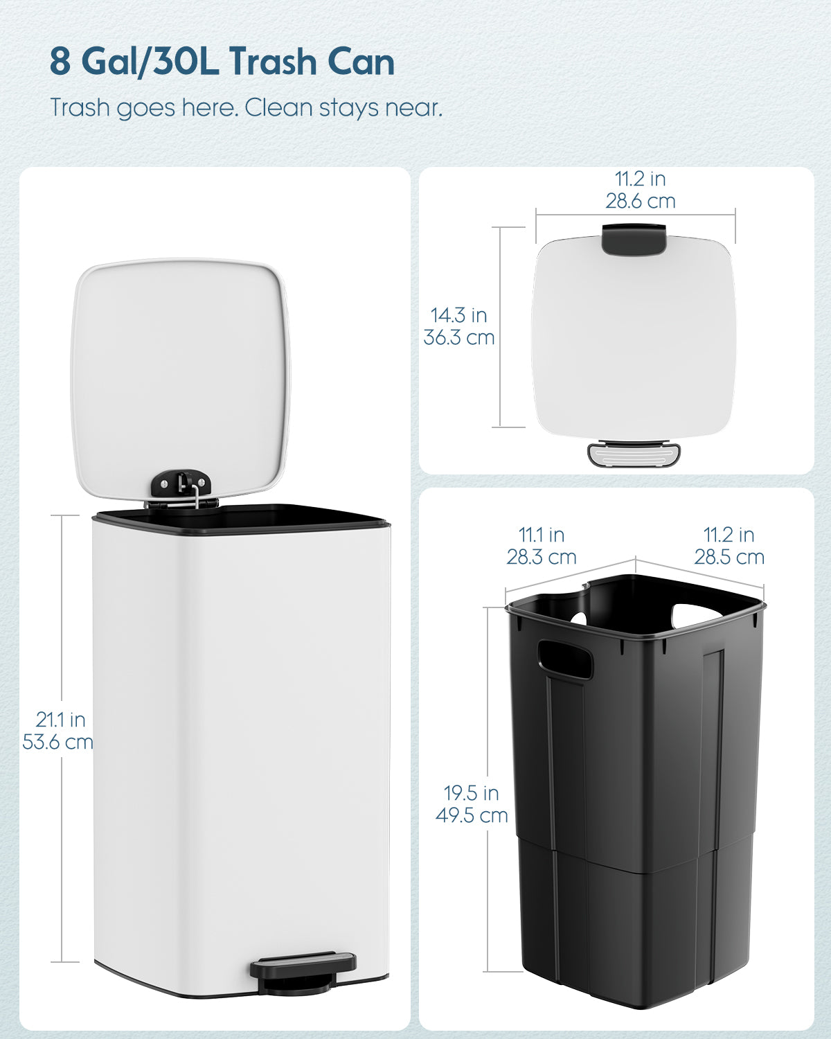 Pirecart 8 gal Trash Can, Stainless Steel Square Garbage Can with Soft-Close Lid & Removable Bucket, Fingerprint-Proof Step Garbage Bin for Kitchen, Living Room