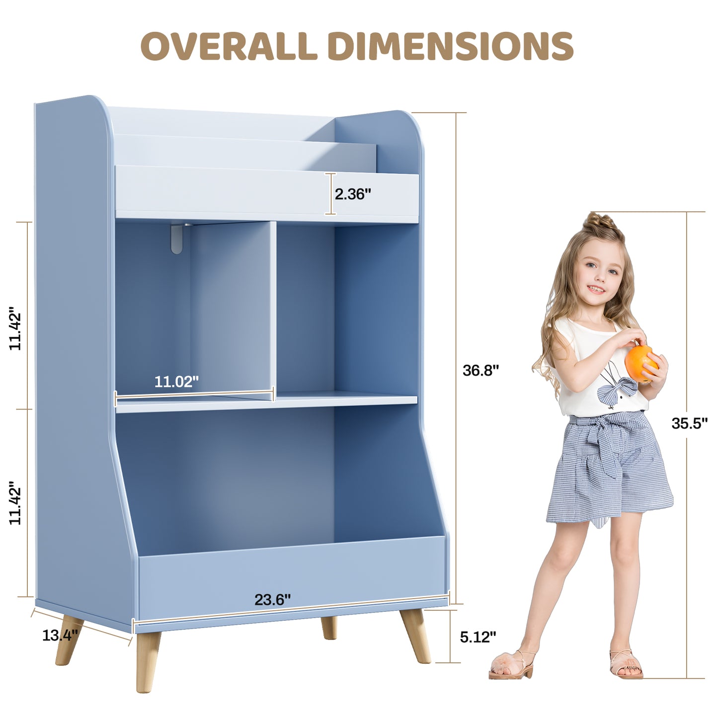 Pirecart Kids Bookshelf Kid's Cubby Toy Storage Cabinet with Legs for Bedroom, Living Room, Playroom, Nursery