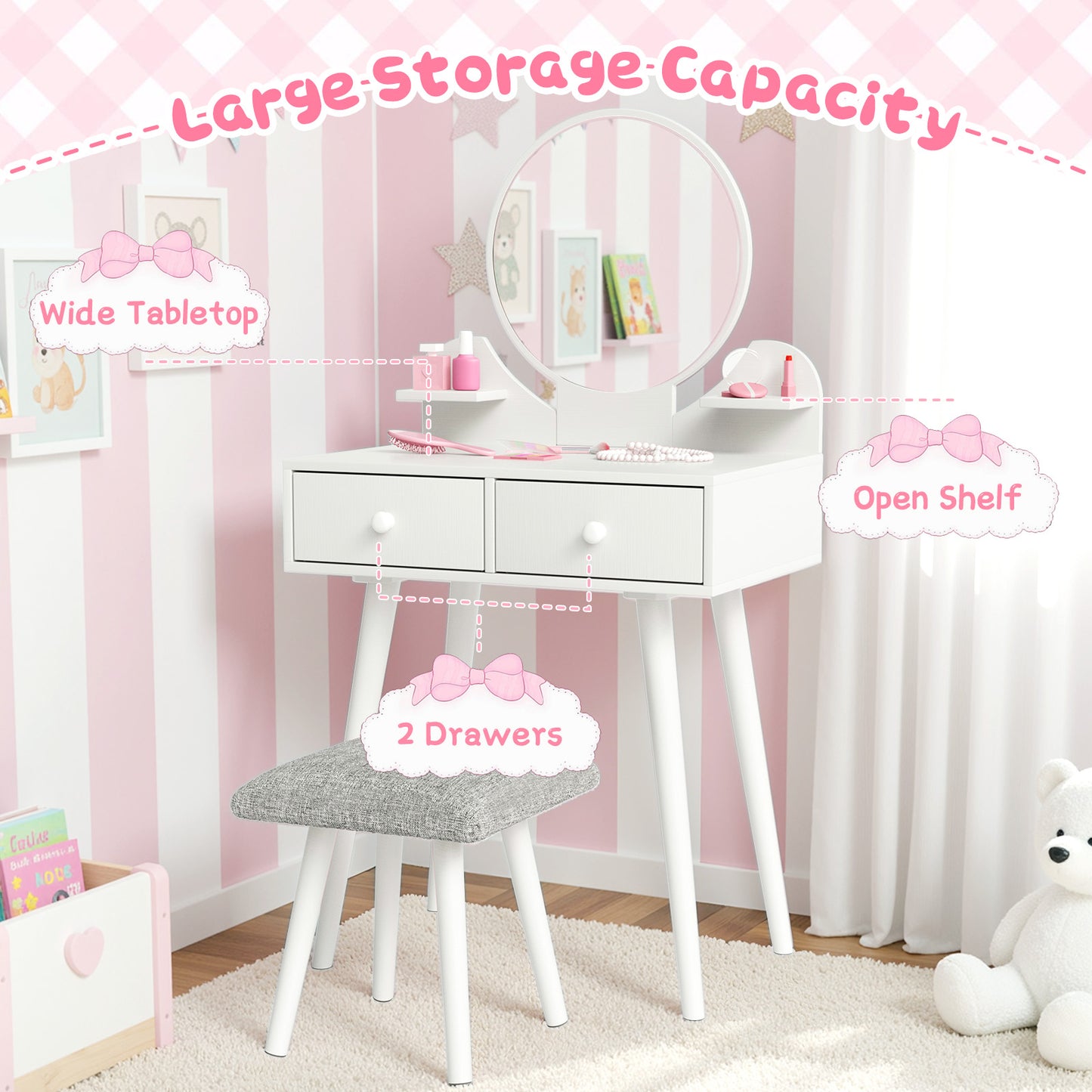 Pirecart Kids Vanity Table and Chair Set, 2 in 1 Wooden Makeup Table and Stool with Storage Drawer & Shelves & Detachable Top, Girls Vanit for Age 3+