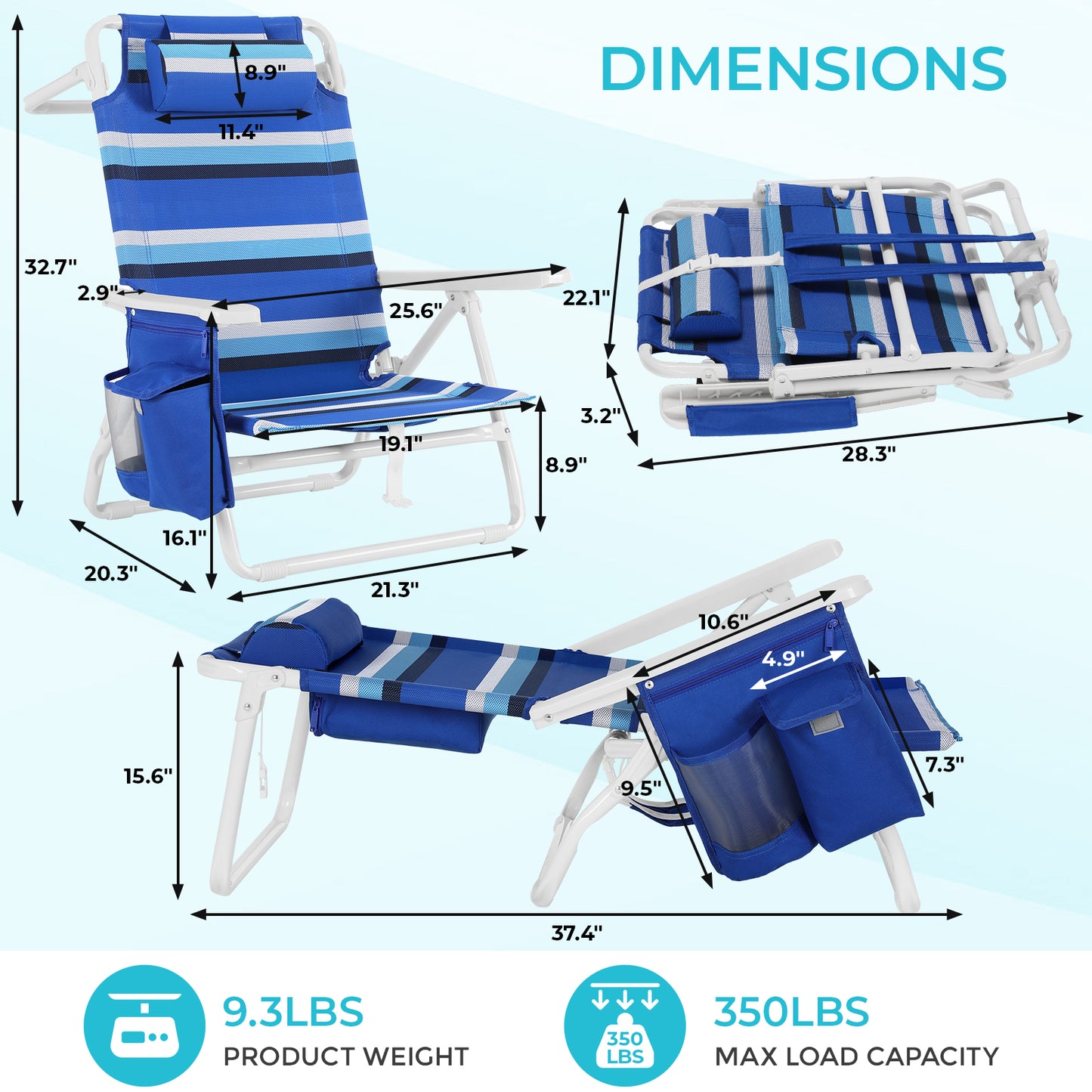 Foldable Beach Chair, 5-Position Lay Flat Reclining Beach Chair W/ Headrest, Storage Bag, Cooler Pouch,Towel Bar, Foot Mat