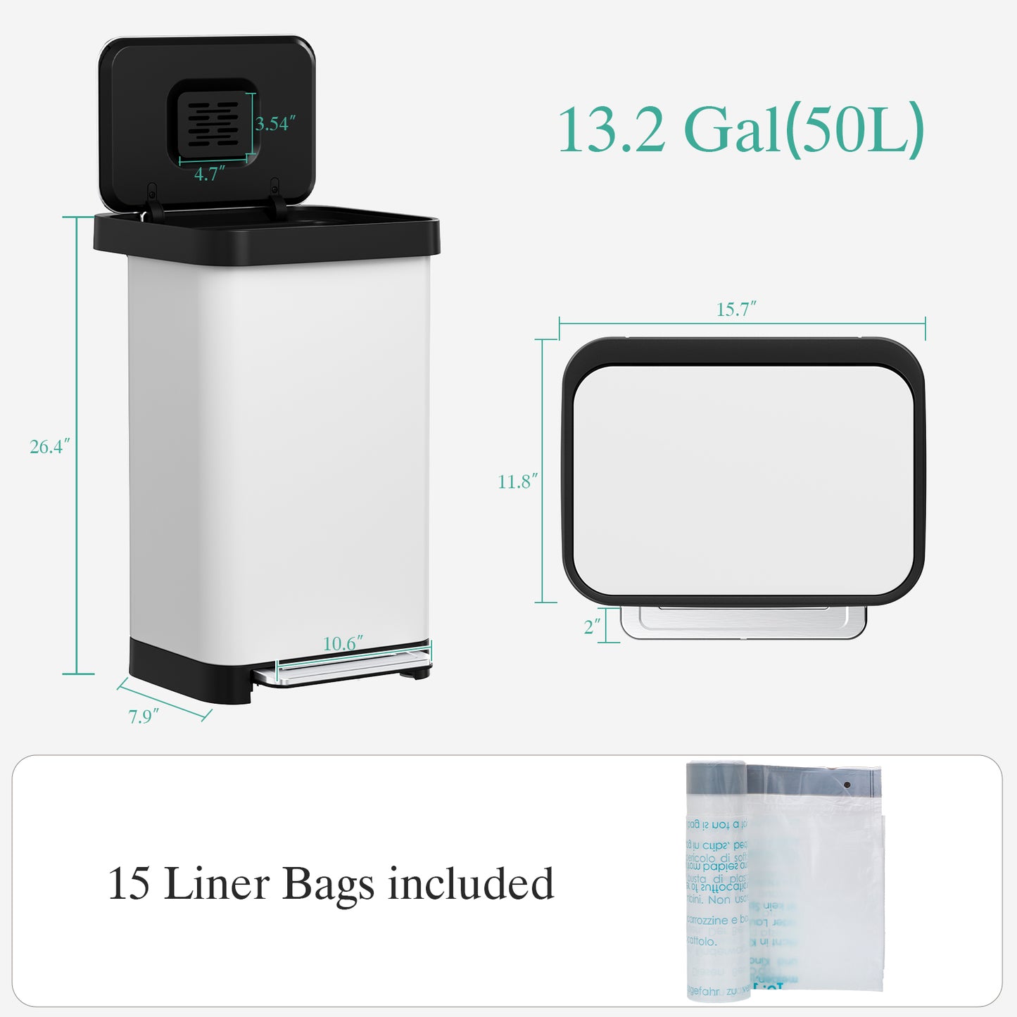 Pirecart 13.2 Gal Stainless Steel Trash Can, Soft-Close Lid Grabage Can with 15 Inner Bags, Rear Trash Bag Storage Compartment, Large Capacity Step Trash Can With Built-In Deodorizer Box