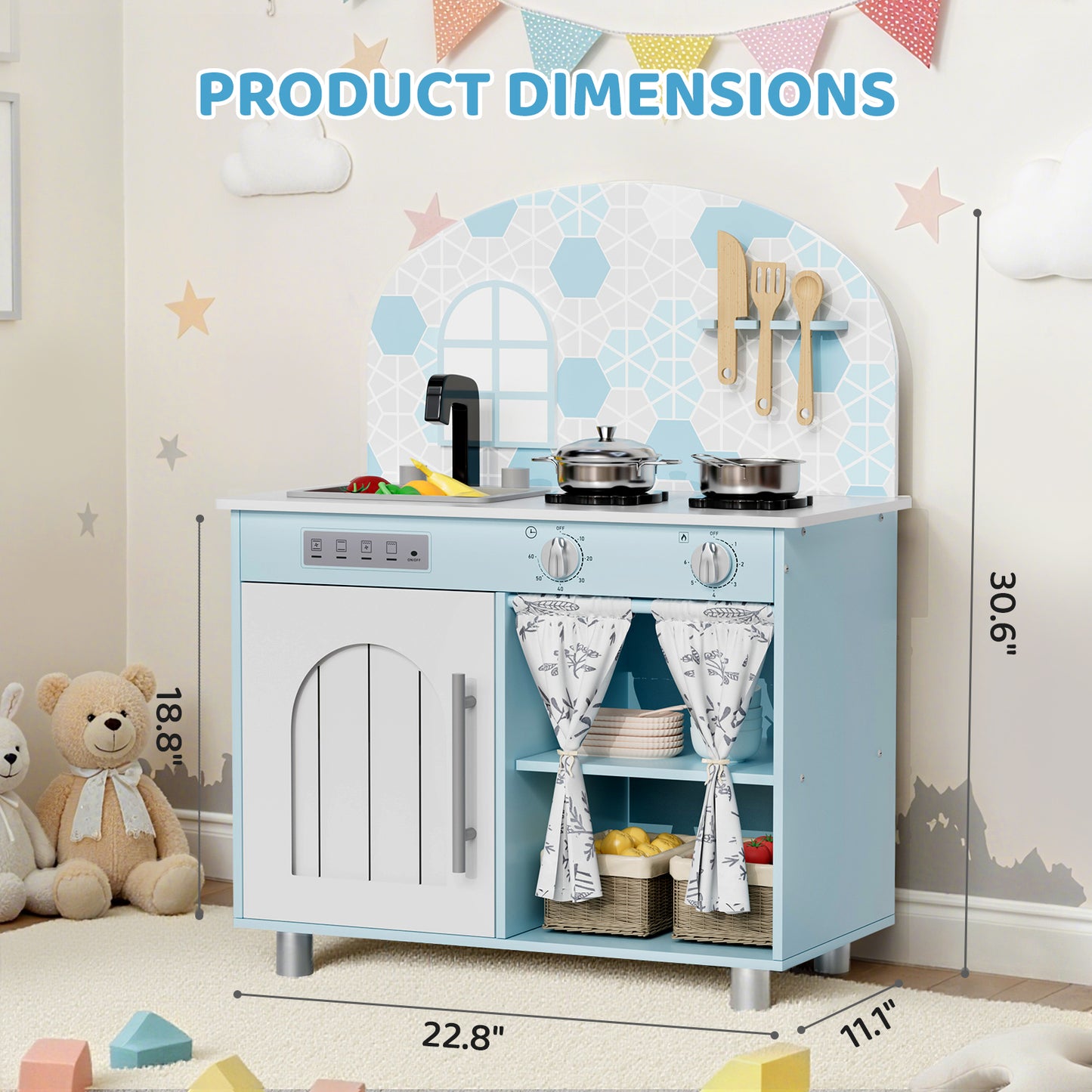 Pirecart Kids Play Kitchen, Toddler Wooden Kitchen Playset with Cooking Accessories and Clicking Knobs, Educational Chef Pretend Play Set for Ages 3+