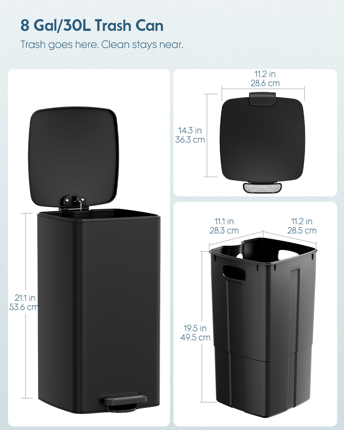 Pirecart 8 gal Trash Can, Stainless Steel Square Garbage Can with Soft-Close Lid & Removable Bucket, Fingerprint-Proof Step Garbage Bin for Kitchen, Living Room