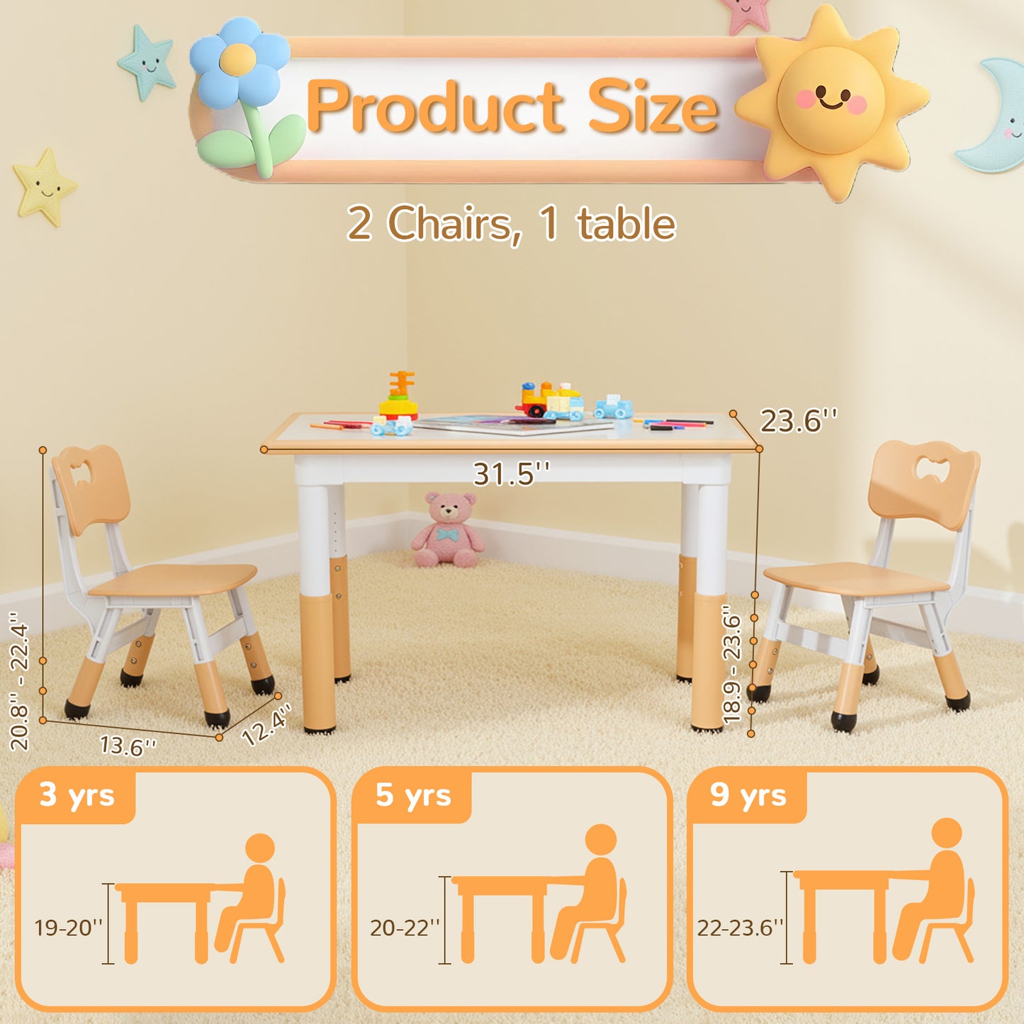 Pirecart Kids Table and 2 Chairs Set, Height Adjustable Children Multi Activity Table and Chair Set, Non-Slip Legs & Graffiti Desktop, for Drawing, Reading, Studying