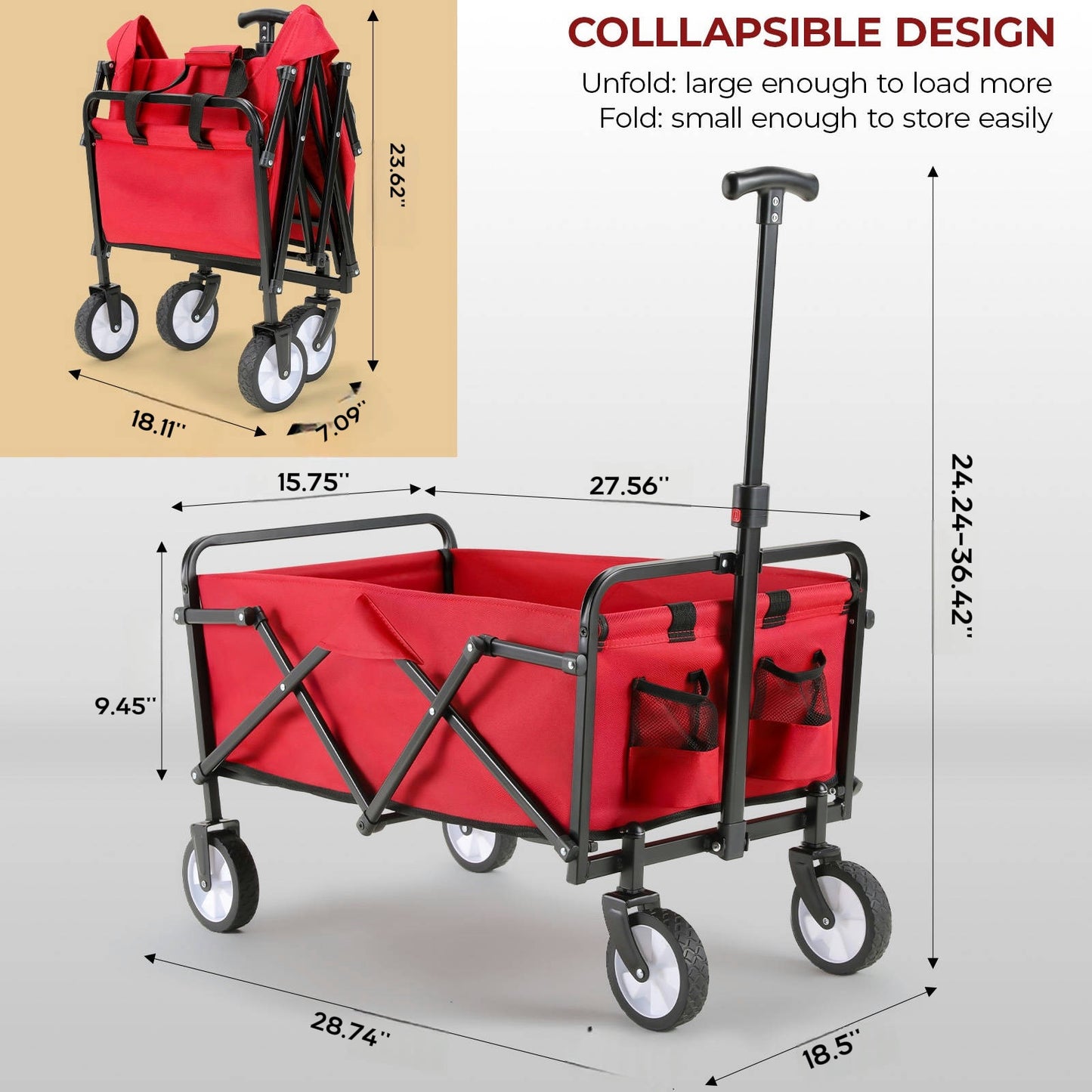 Pirecart 150lbs Capacity Foldable Wagons Carts, Lightweight Portable Utility Shopping Cart with Wheels, Collapsible Grocery Wagon Cart for Grocery, Camping, Shopping, Beach, Garden, Sports