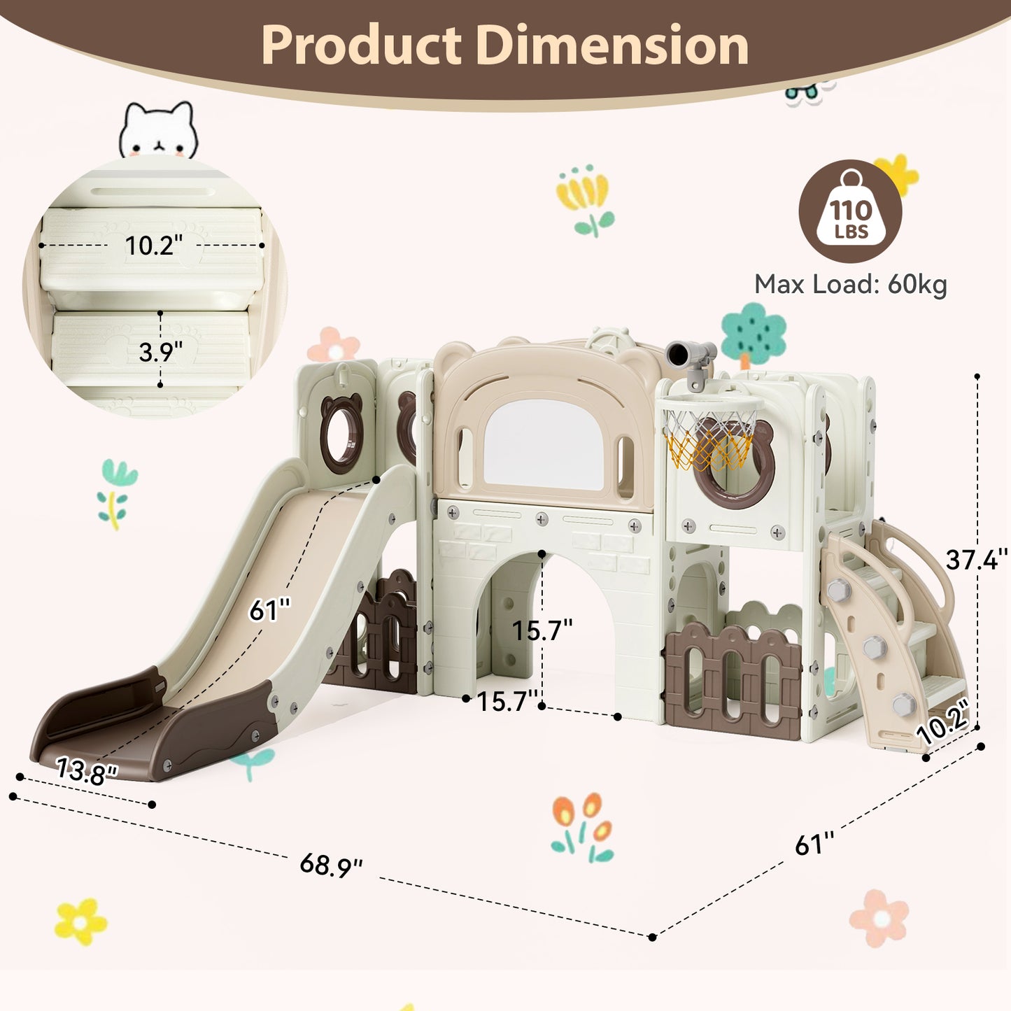 Pirecart 10-in-1 Kids Slide, Indoor Outdoor Toddler Slide Playground with Drawing Board, Basketball Hoop, Tunnel & Storage for Playroom, Kindergarten, Backyard, Gift for Children Age 3+
