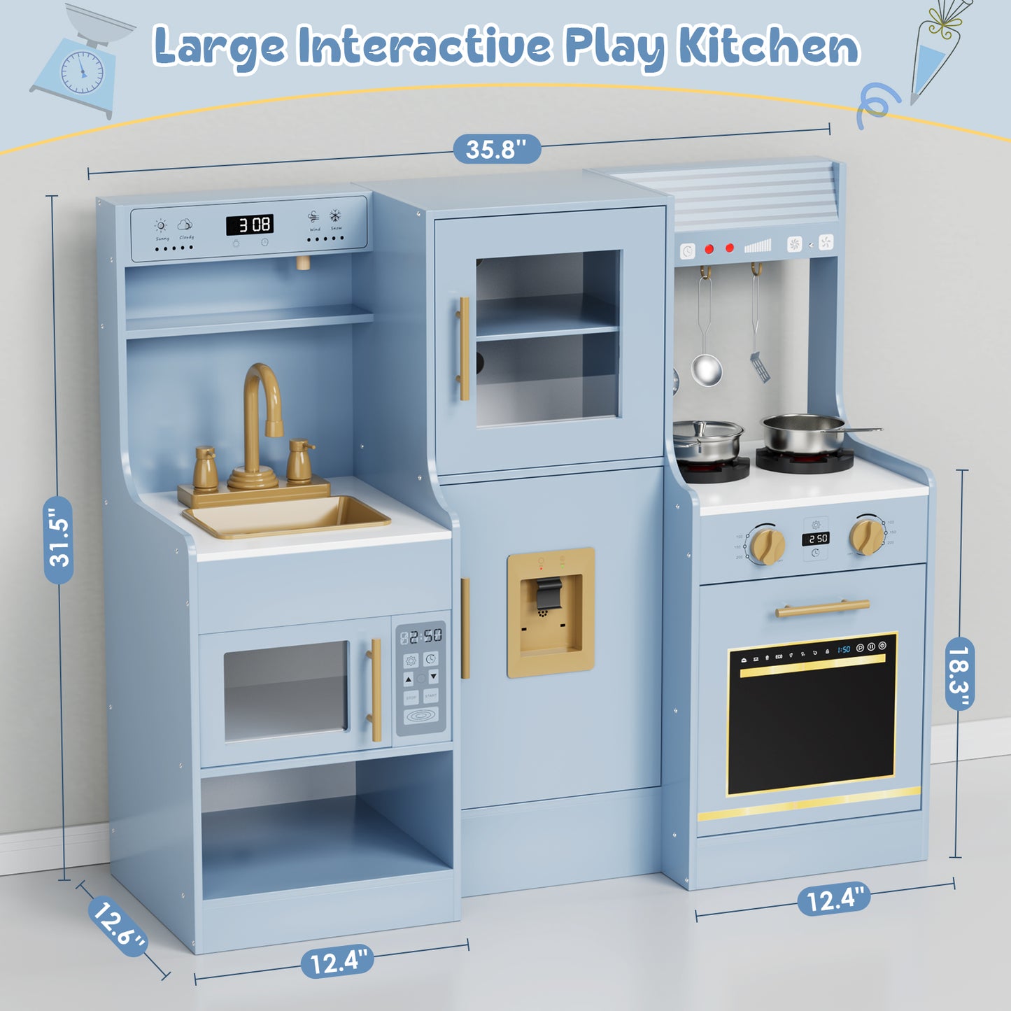 Pirecart Toddler Pretend Paly Kitchen, Wooden Kitchen Play Set with Real Sound and Light, 6-Piece Kitchenware, Sink & Stove, Water Dispenser & Hood, Kids Play Kitchen for Age 3+