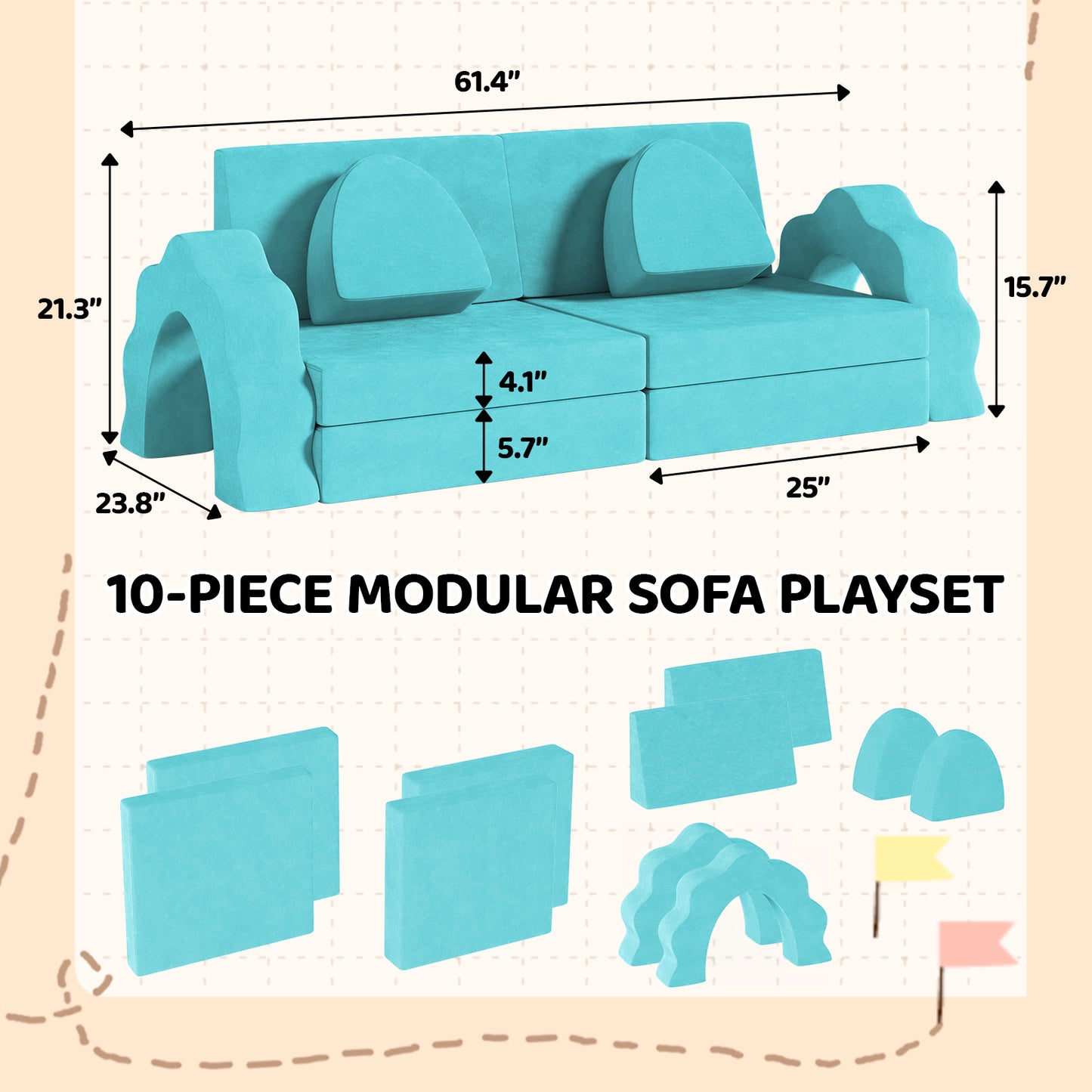 Pirecart Modular Kids Play Couch 10Pcs Toddler Sofa Couch Creative Sectional Couch Play Set