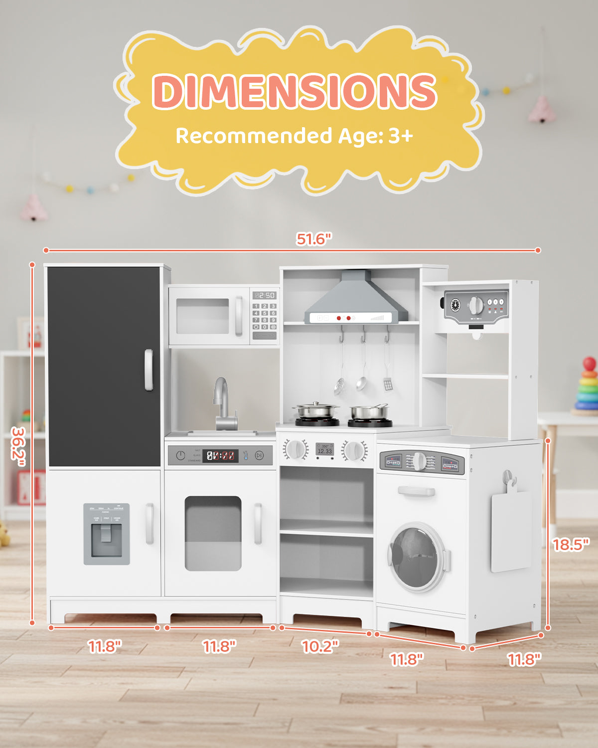 Pirecart Wooden Corner Play Kitchen, Kids Play Kitchen with Blackboard and 6Pcs Cooking Accessories, Toddler Play Kitchen Set with Realistic Sound & Light