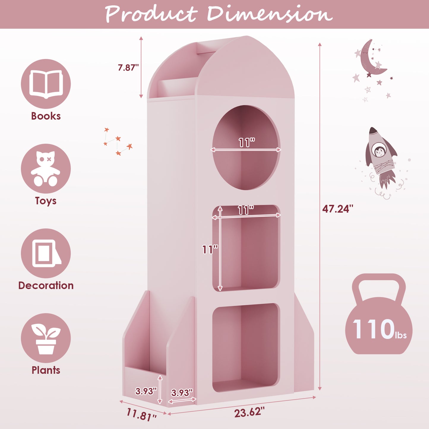 Pirecart Kids Bookshelf 3-Tier Wooden Kids Bookcase with Toy Storage for Bedroom, Playroom, Nursery