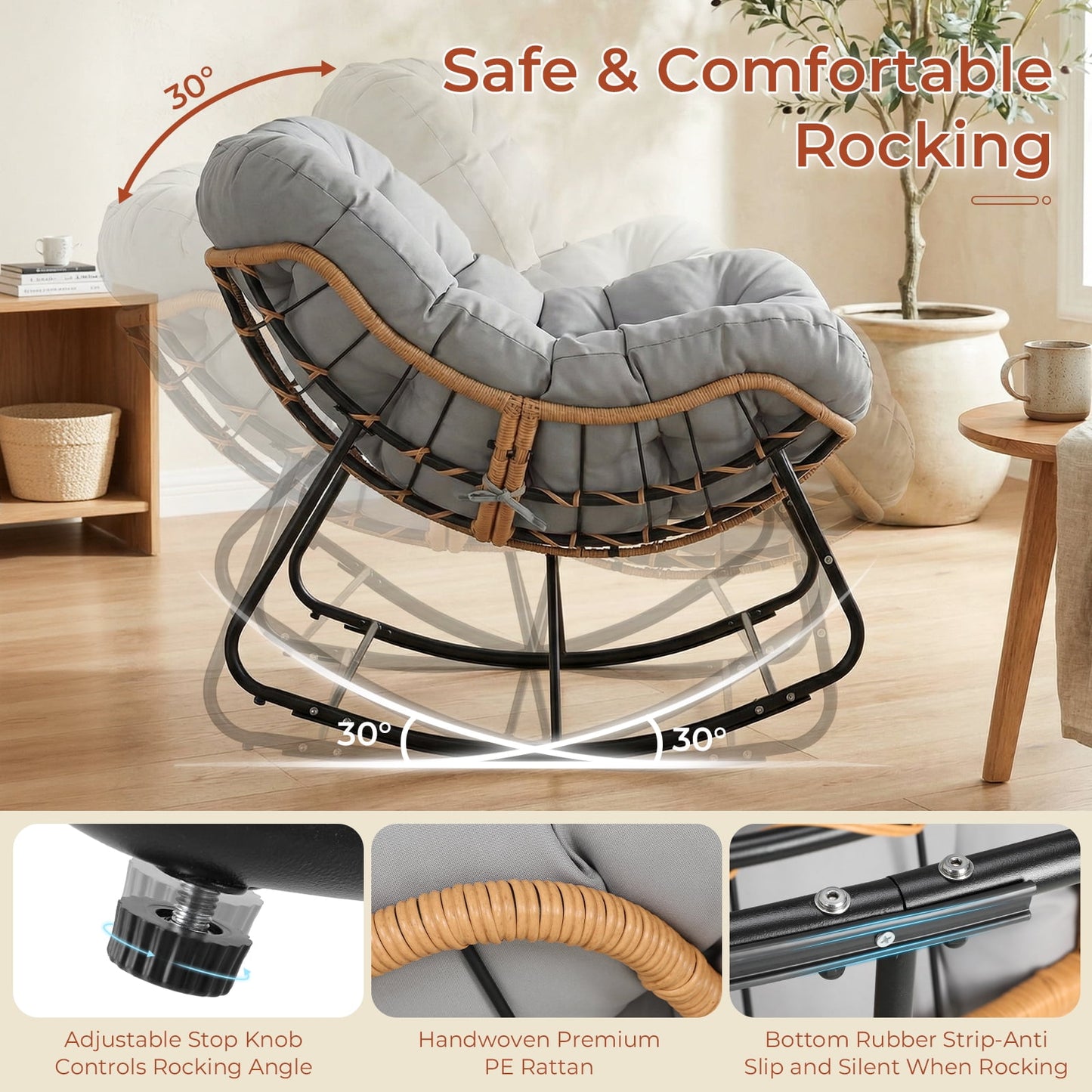 Pirecart Papasan Rocking Chair, Indoor Outdoor Comfy Papasan Chair, Wicker Egg Lounge Chair, Oversized Rocking Chair with Cushion for Living Room/Porch/Garden