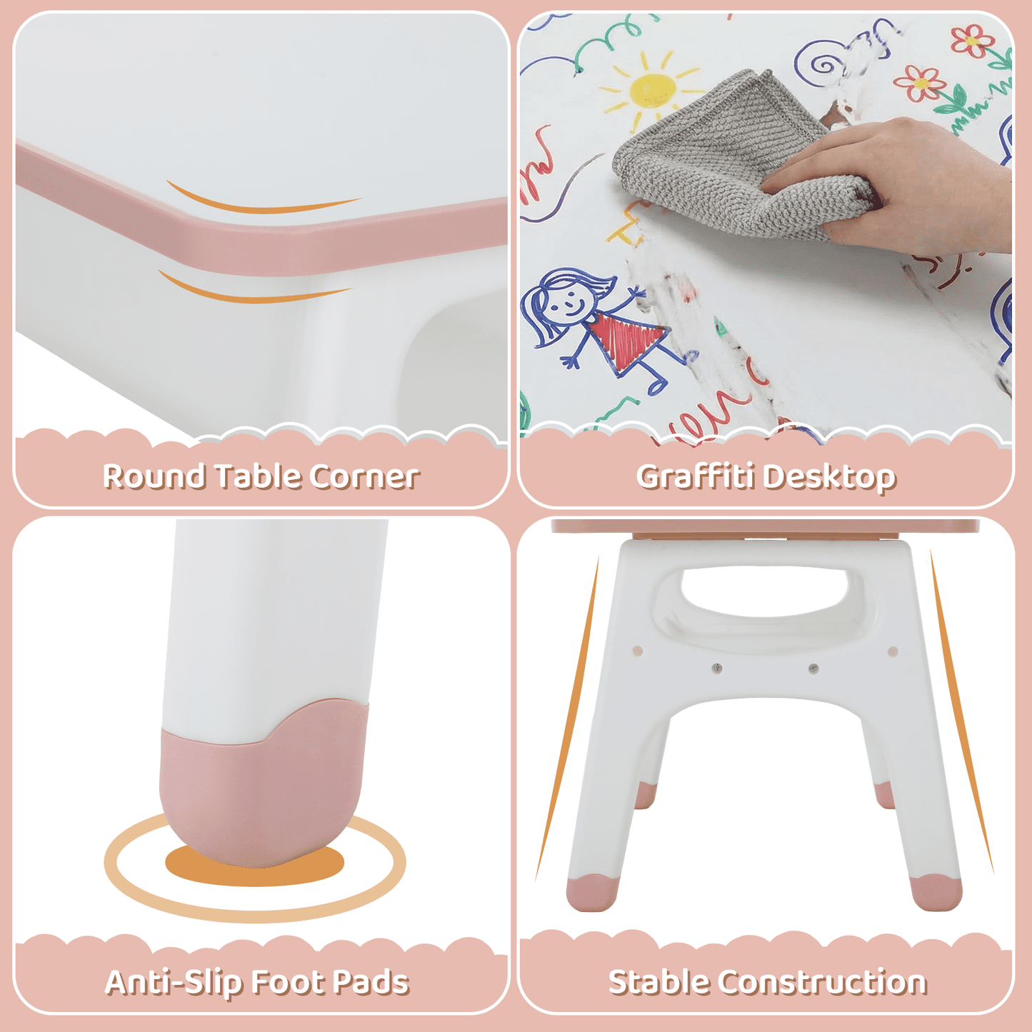 Pirecart Kids Table and 2 Chairs Set, Toddler Activity Table with Graffiti Desktop & Adjustable Height Toddler Chair, Children Activity Table with Large Built-in Storage