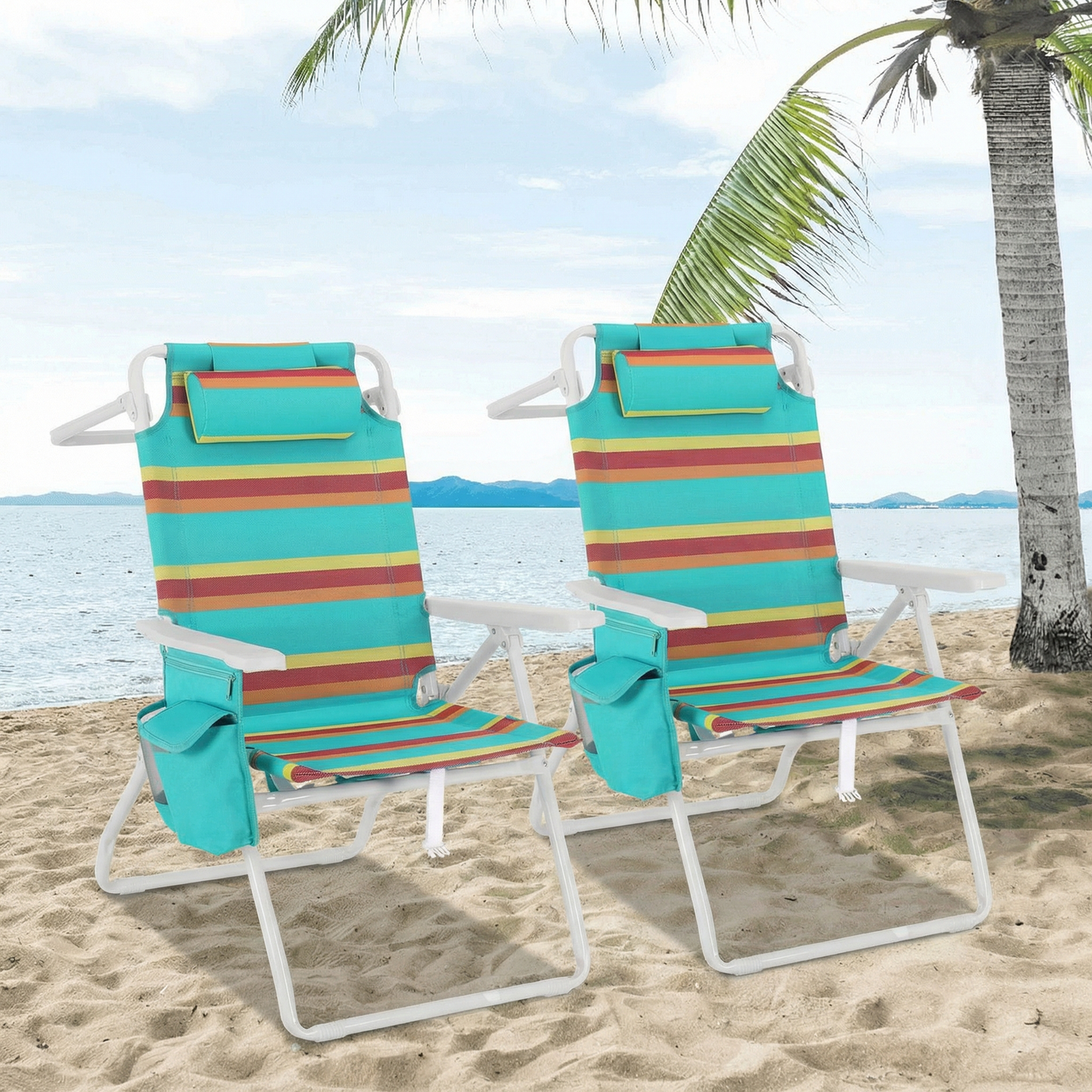 Pirecart Tall Beach Chairs for Adults, Portable Beach Chairs W/ 5-Position Lay Flat & Cooler Pouch, for Beach, Camp, Outdoor