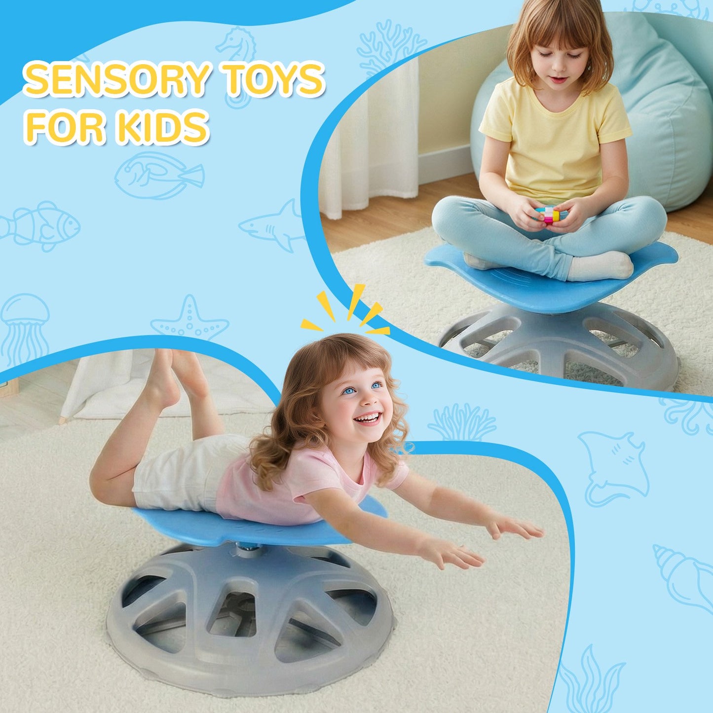 Pirecart Manta-Shaped Spinning Chair for Autistic Kids, Sensory Swivel Chair for Training Body Coordination, Sit and Spin Toys W/ Upgraded Base for ADHD Child