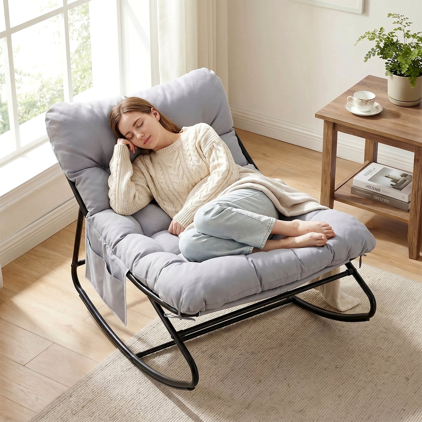 Pirecart Outdoor Papasan Rocking Chair, Lounge Chair with Cushion & Side Pocket, Metal Frame, Patio Rocker Chair for Balcony Backyard