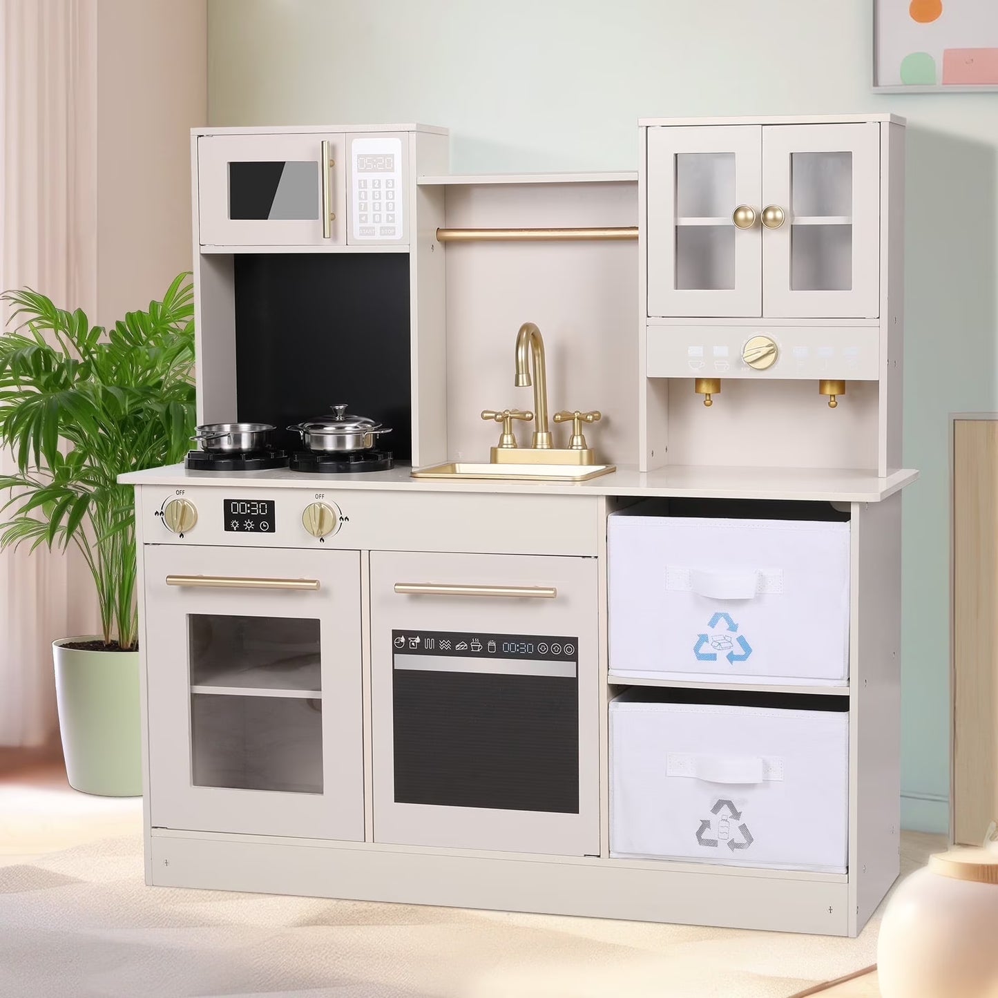 pirecart Kids Play Kitchen Wooden Pretend Toy Kitchen with Utensils, Sink, Microwave, Lights, Sounds and 2 Fabric Boxes