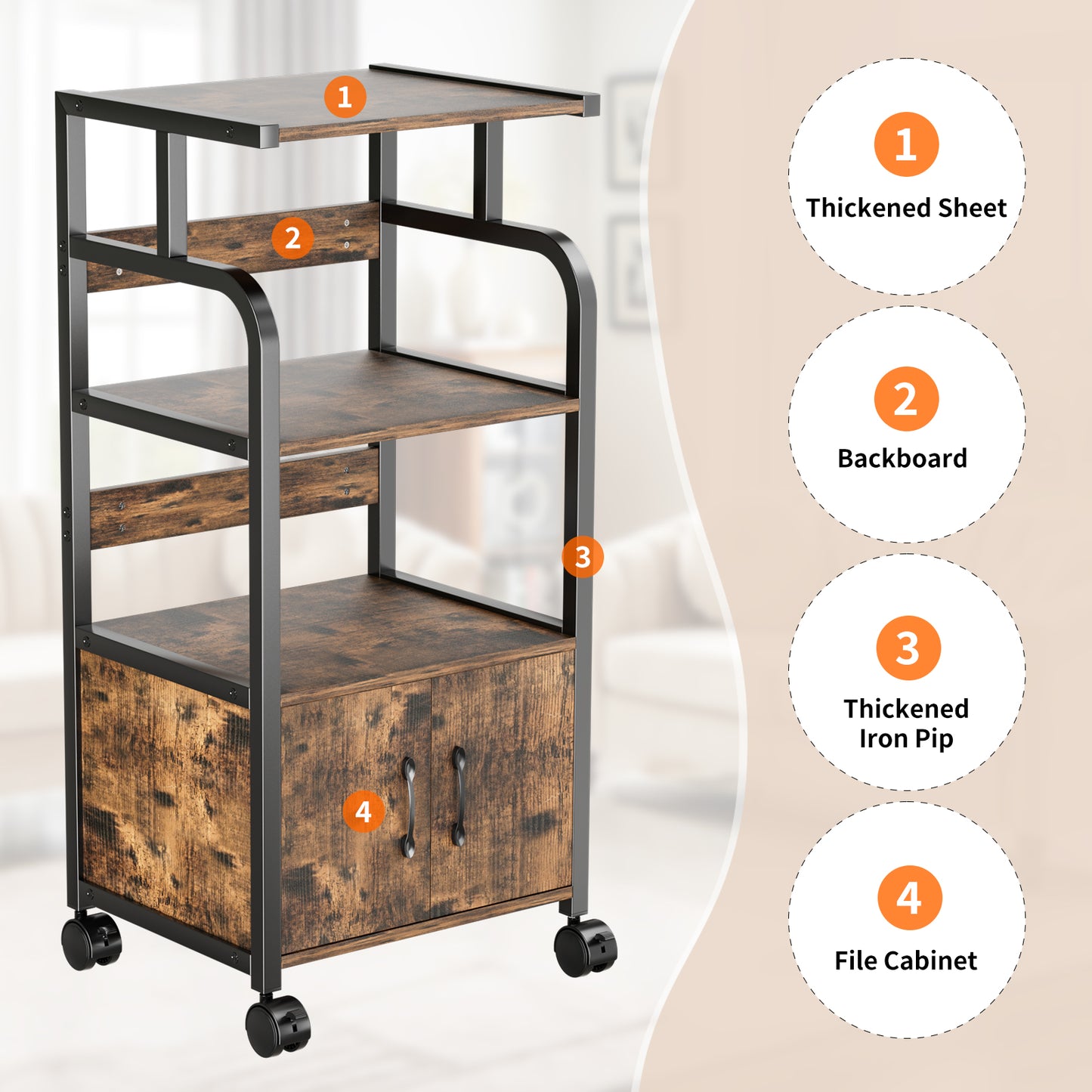 Pirecart Mobile Printer Stand, 4-Tier File Rack with Lockable Casters,Wooden File Cabinet with Shelves,File Organizer Shelf Filing Cabinet w/Iron Pipe for Home, Office, Dorm, Living Room