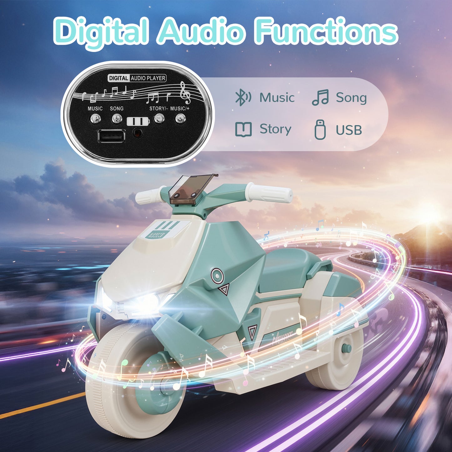 Pirecart Kids Electric Motorcycle, 6V Toddler Motorcycle with Realistic Sounds, LED Light, Children Ride on Toy with MP3/USB, Non-Slip Tires, Gift for Age 3+