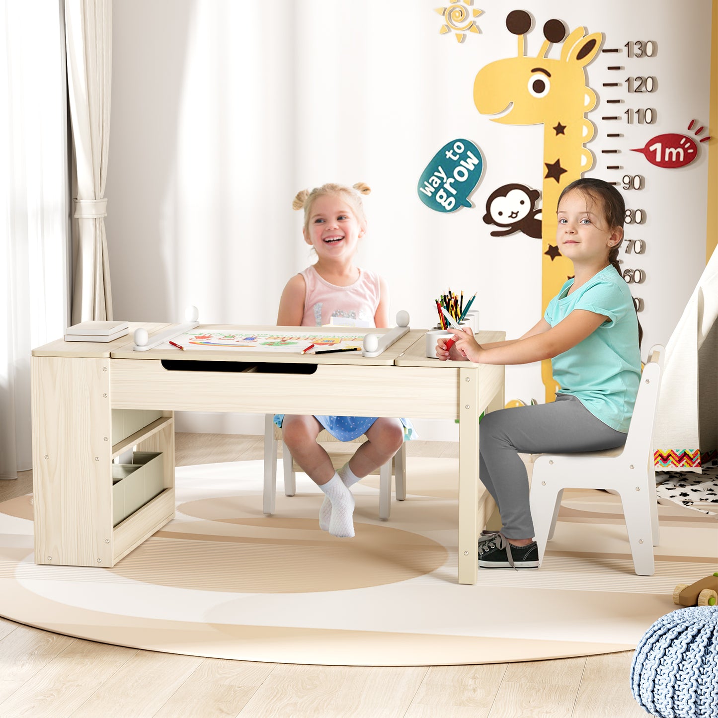 Pirecart 3 in 1 Kids Art Table and Chair Set, Chilldren Art Easel and Wooden Activity Table with 2 Chairs, Storage Bins, Paper Roll, Paint Cups for Draw, Play, Crafts, Read